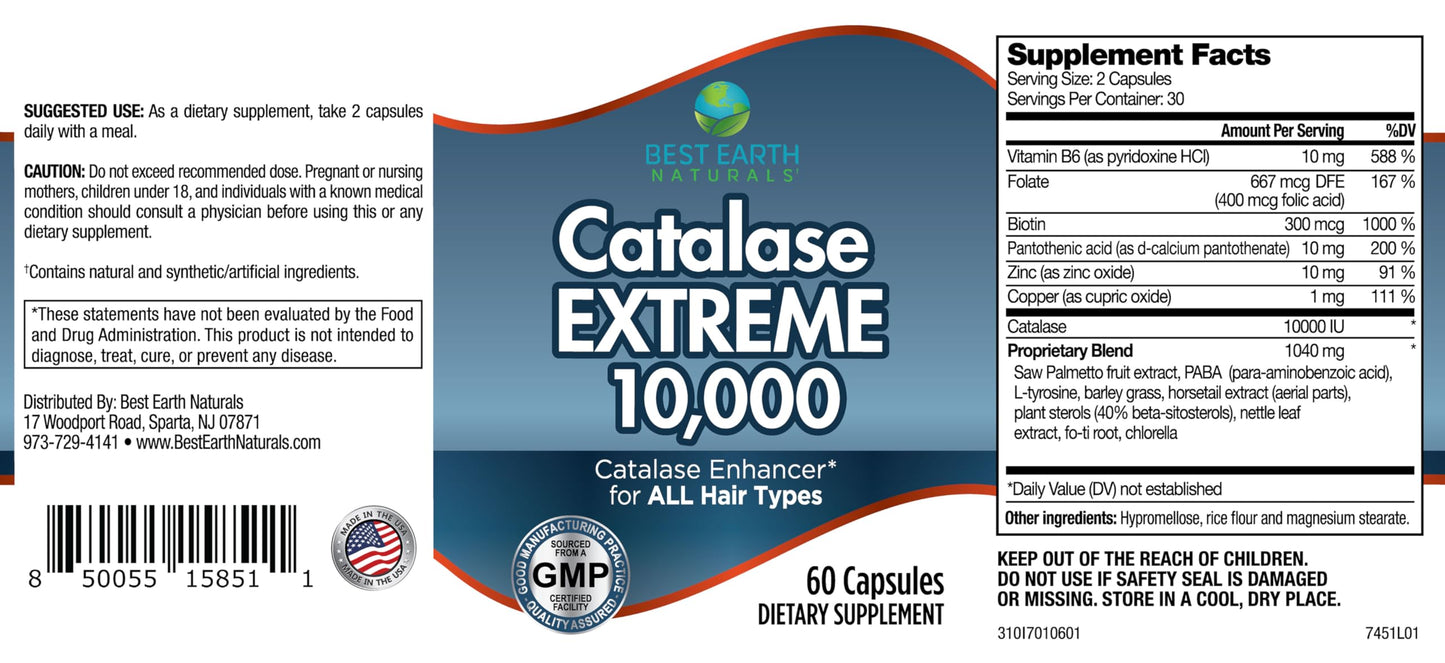 Best Earth Naturals Catalase Extreme Supplement 10,000 with Saw Palmetto, Biotin, Fo-Ti, PABA 180 Capsules