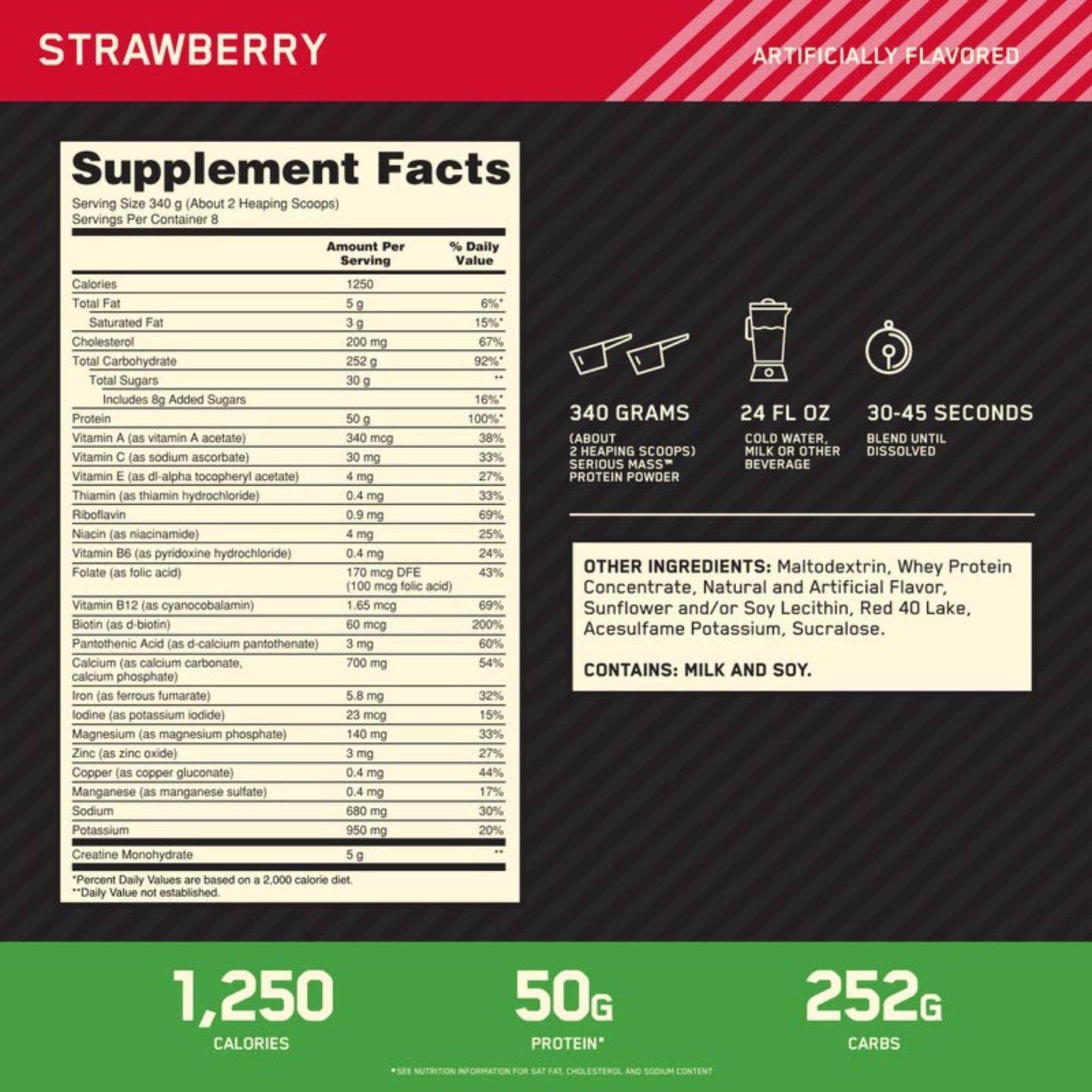 Optimum Nutrition Serious Mass Weight Gainer Protein Powder, Strawberry, 96