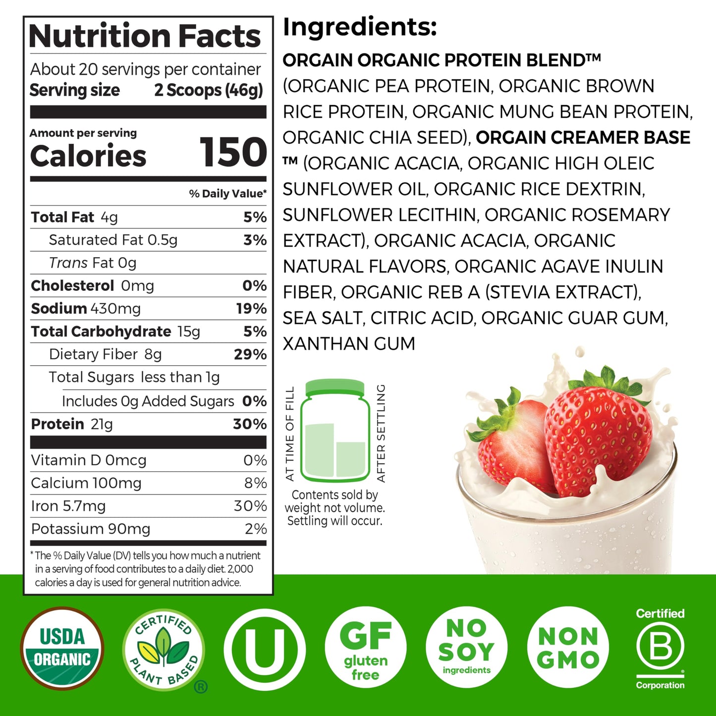 Orgain Organic Vegan 21g Protein Powder, Strawberries & Cream, 2.03 lb