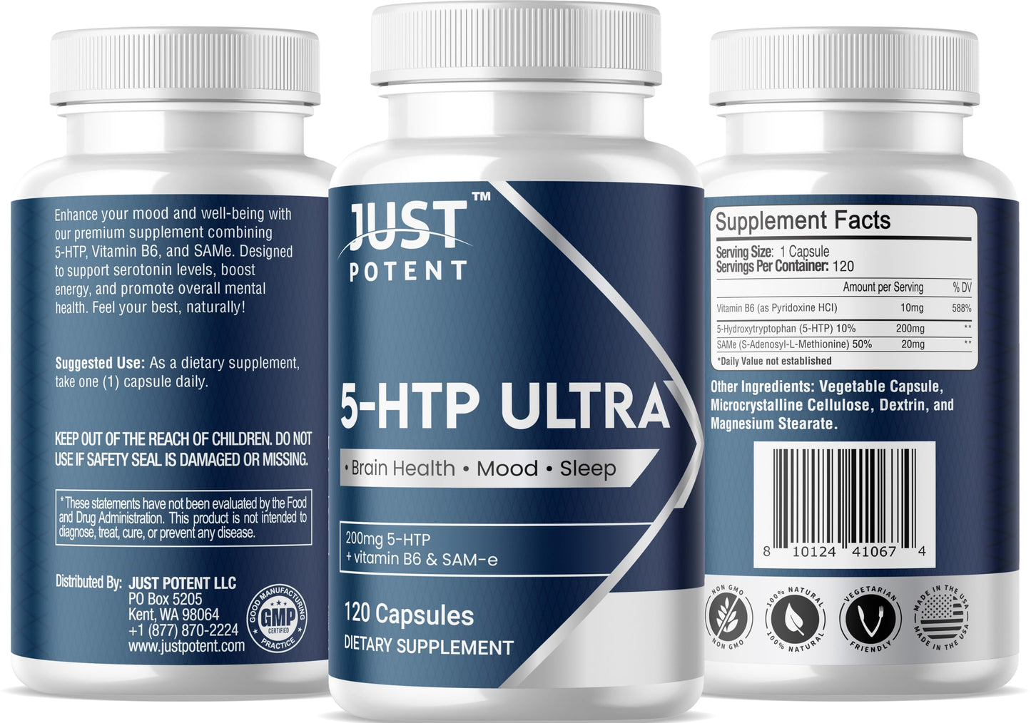 Just Potent 5-HTP Ultra 200mg Capsules, 120 Count