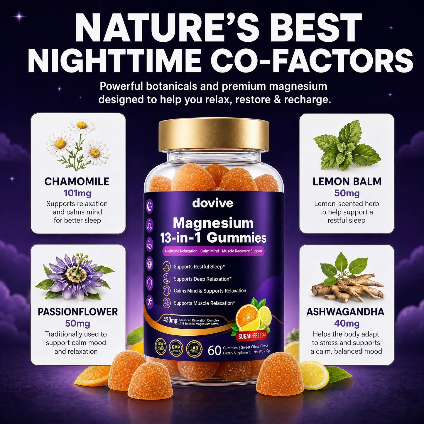 DOVIVE Magnesium with L-Theanine 200mg Gummies – Magnesium Citrate & Glycinate, Ashwagandha, Lemon Balm, Passionflower, Chamomile – Calm & Stress Support – Sweet Citrus – 60 Count