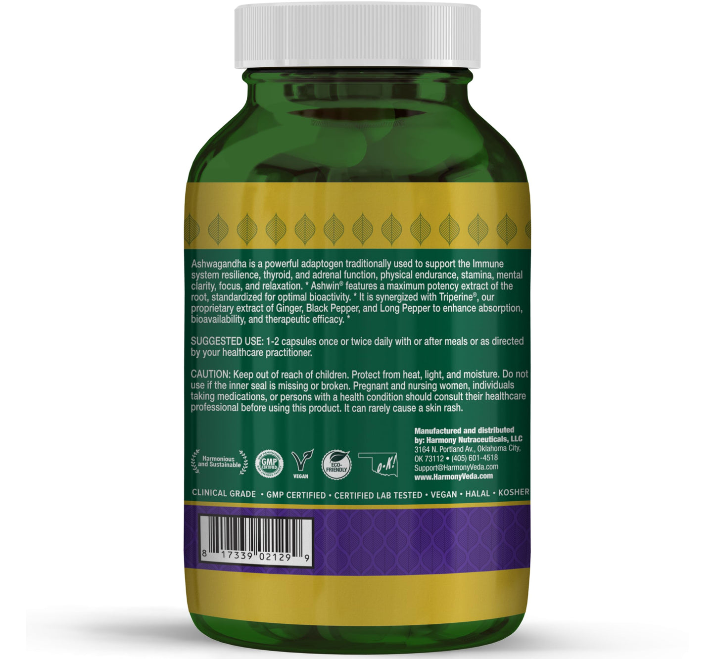 Harmony Nutraceuticals Ashwin Liposomal Ashwagandha High Potency Root Extract with Triperine Absorption Complex 120 Capsules