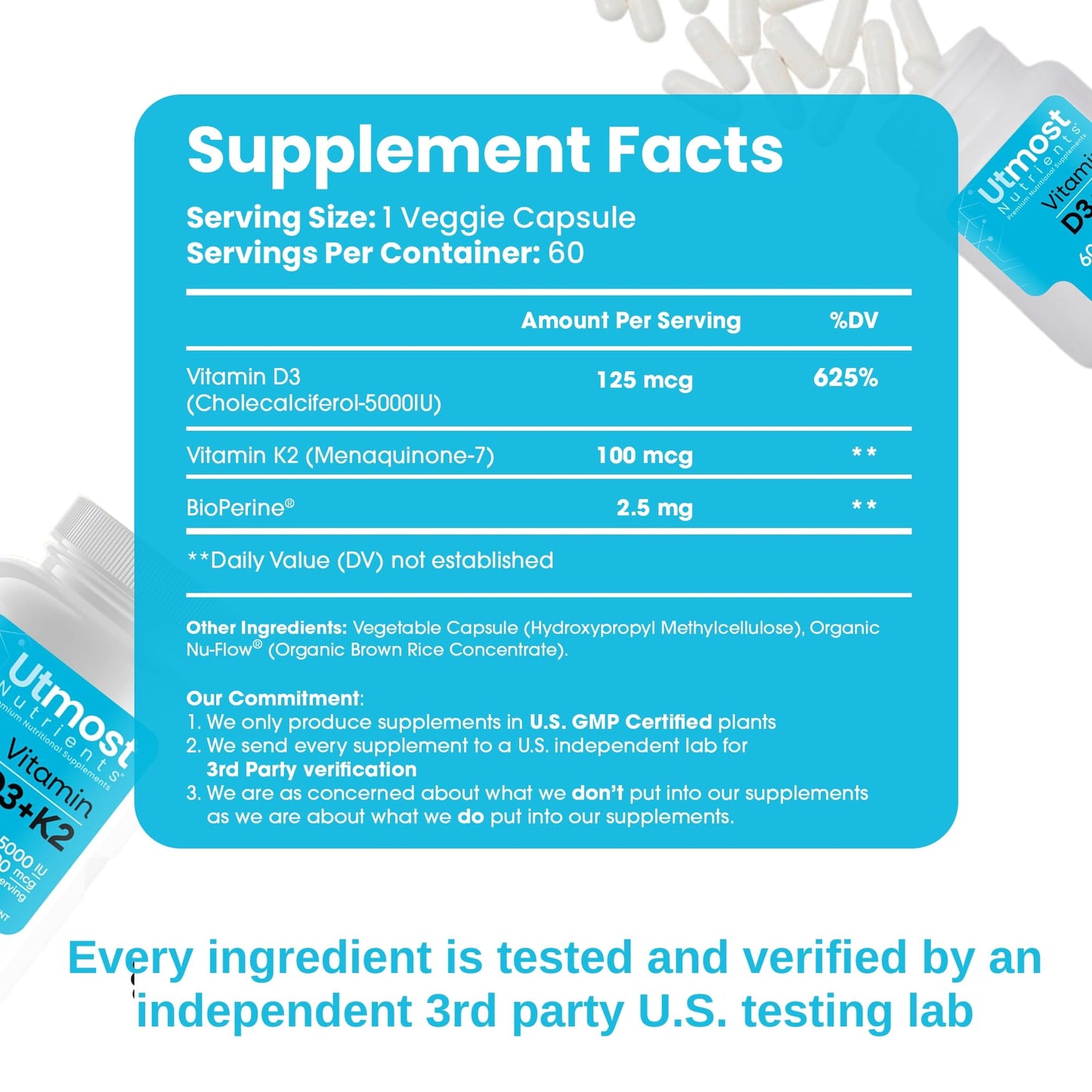 Utmost Nutrients Vitamin D3 5000iu with K2 100mcg, 60 Capsules