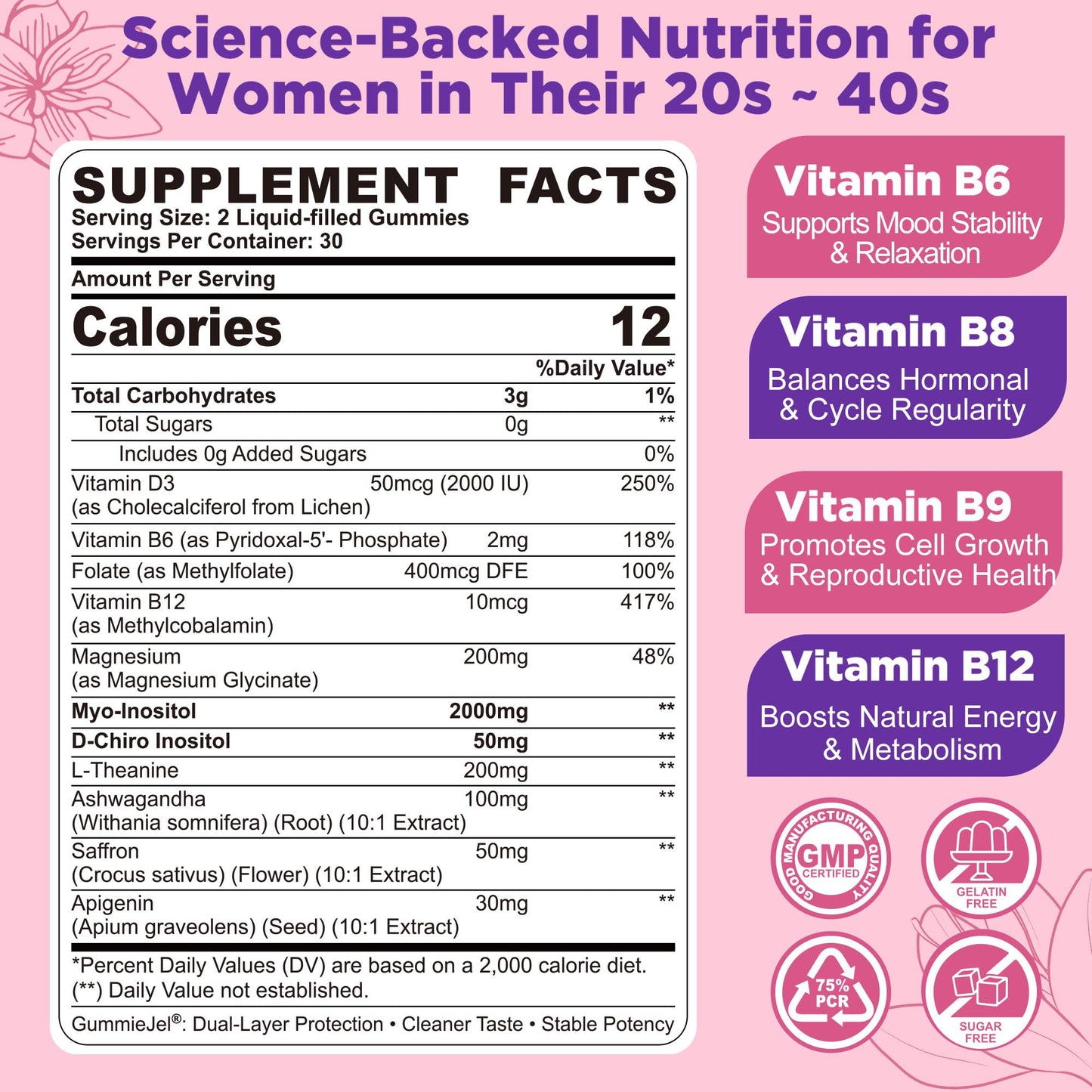 Nextdia Women Sleep Gummies with Myo-Inositol & D-Chiro Inositol, Saffron, MTHF Folate, Vitamin B6 & B12, 40:1 Ratio Myo-Inositol Supplement for Hormone Balance, Mood, PCOS & Ovarian, Sugar Free Gummy 60 Count