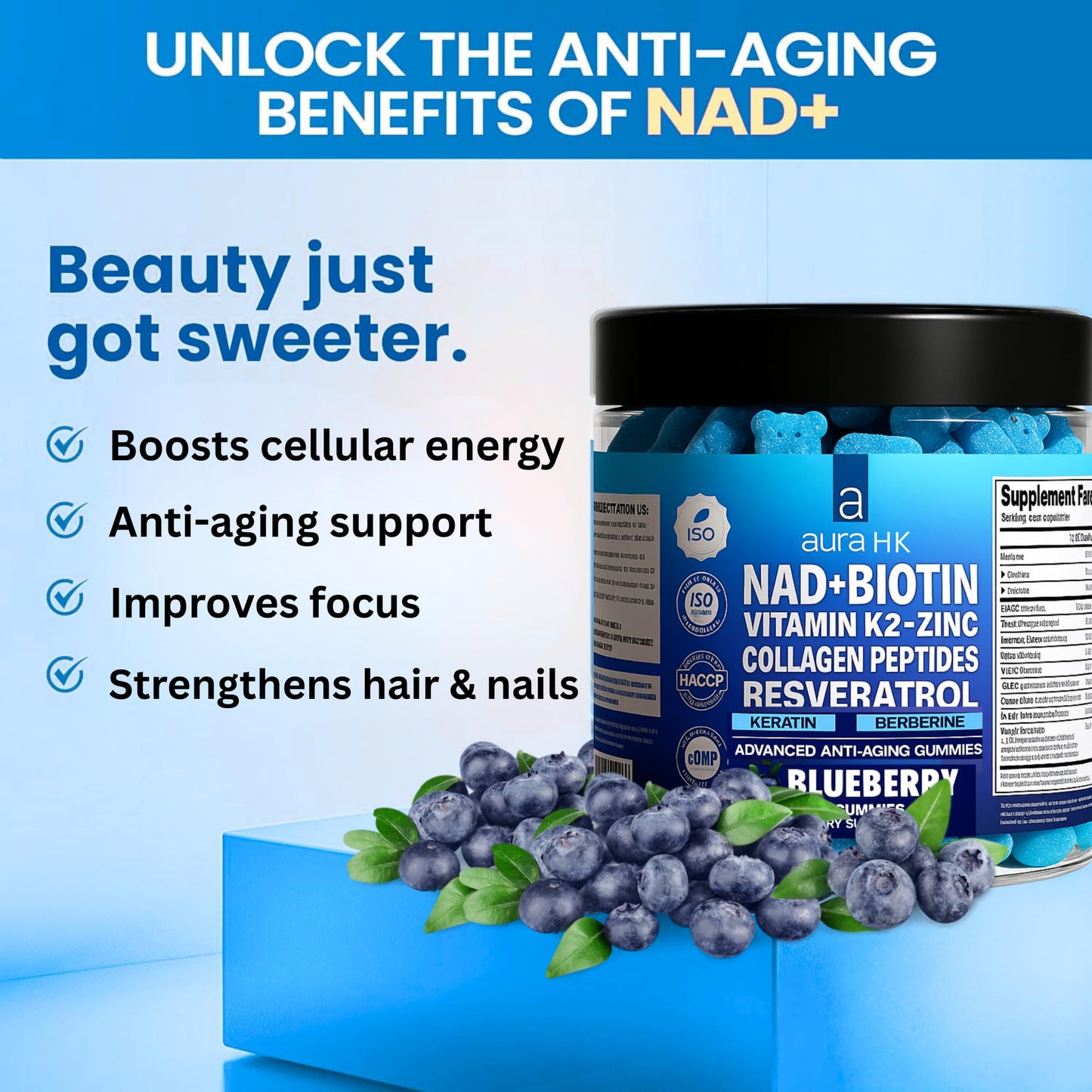 Aura HK NAD+ Biotin, Resveratrol, Berberine & Anti-Aging Gummies, Hair, Skin, Nails & Joint Support, Collagen Peptides, Keratin, Zinc, Vitamin K2 & D3, Regeneration (Blueberry), 120 Gummies