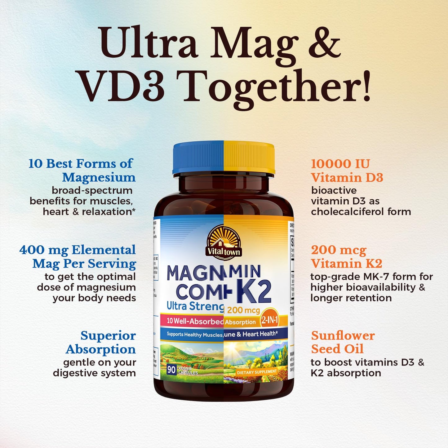 Vitalitown Ultra Magnesium & Vitamin D3 K2 Bundle Capsule 180 Count