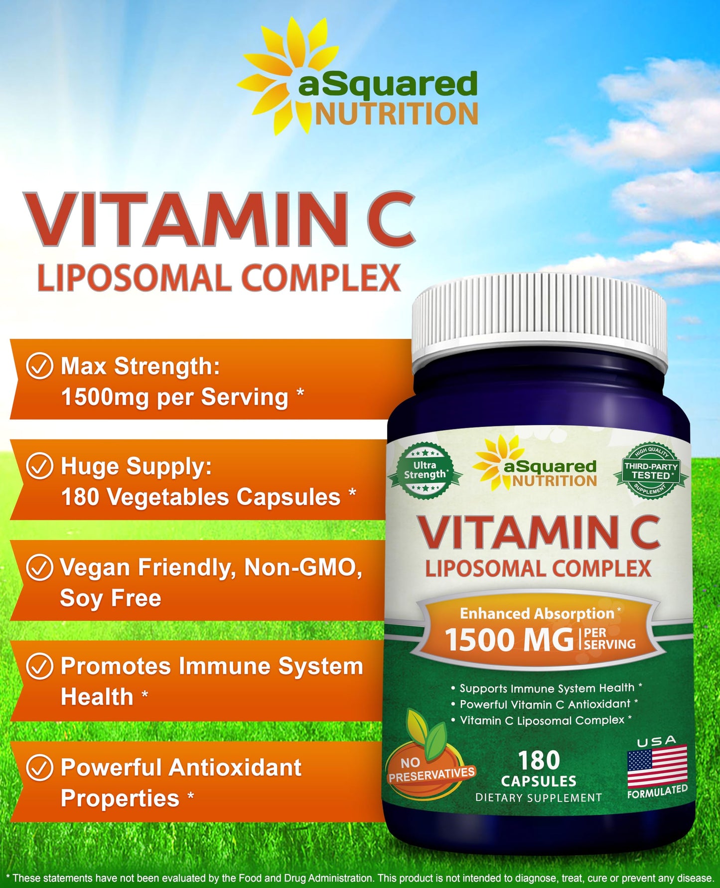 aSquared Nutrition Vitamin C Liposomal Complex 1500mg Capsules 180 Count
