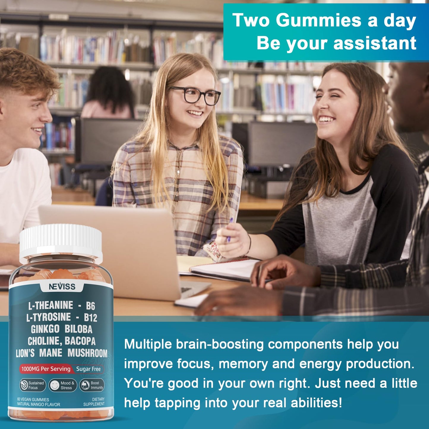 NEVISS Sugar Free L-Tyrosine Gummies with L-Theanine 200mg, B6 100mg, B12 500mcg, Brain Health Herbs 300mg with Ginkgo Biloba, Rhodiola Rosea, Lion's Mane for Sustained Focus & Energy, 60 Gummies