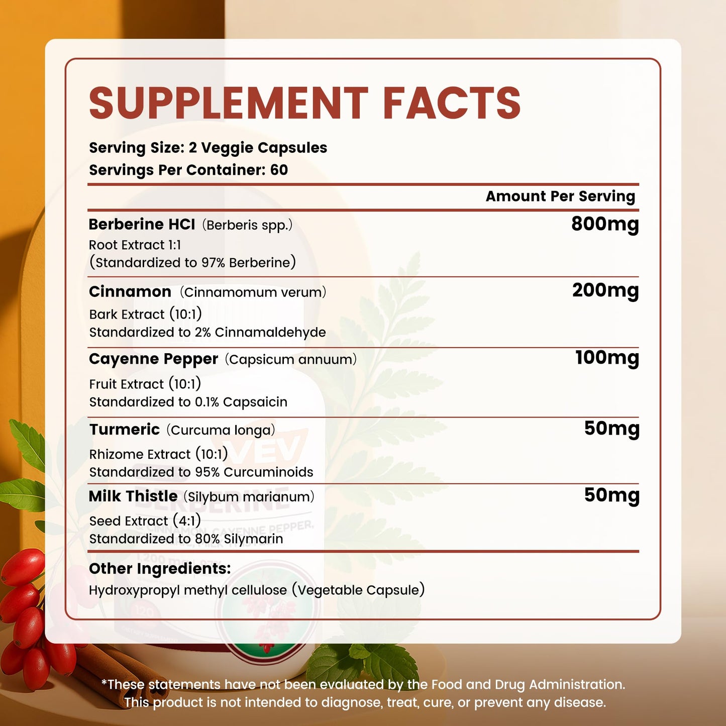 VEV Berberine Supplement with Ceylon Cinnamon for Daily Wellness Support 240 Capsules