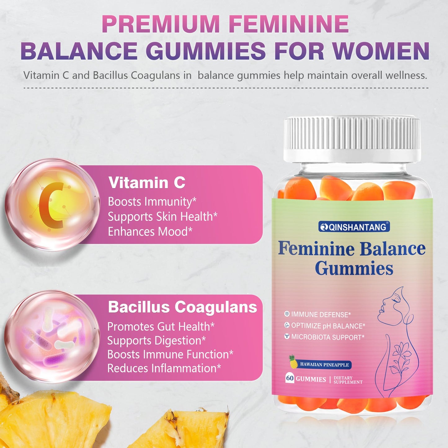 QIN SHAN TANG Feminine Balance Gummies for Women pH Probiotic, 60 Count