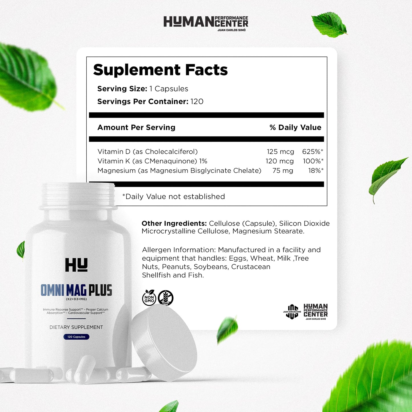 HUMAN PERFORMANCE CENTER JUAN CARLOS SIMO Omni MAG Plus Vitamin D3 K2 Magnesium Supplement 1 Capsule
