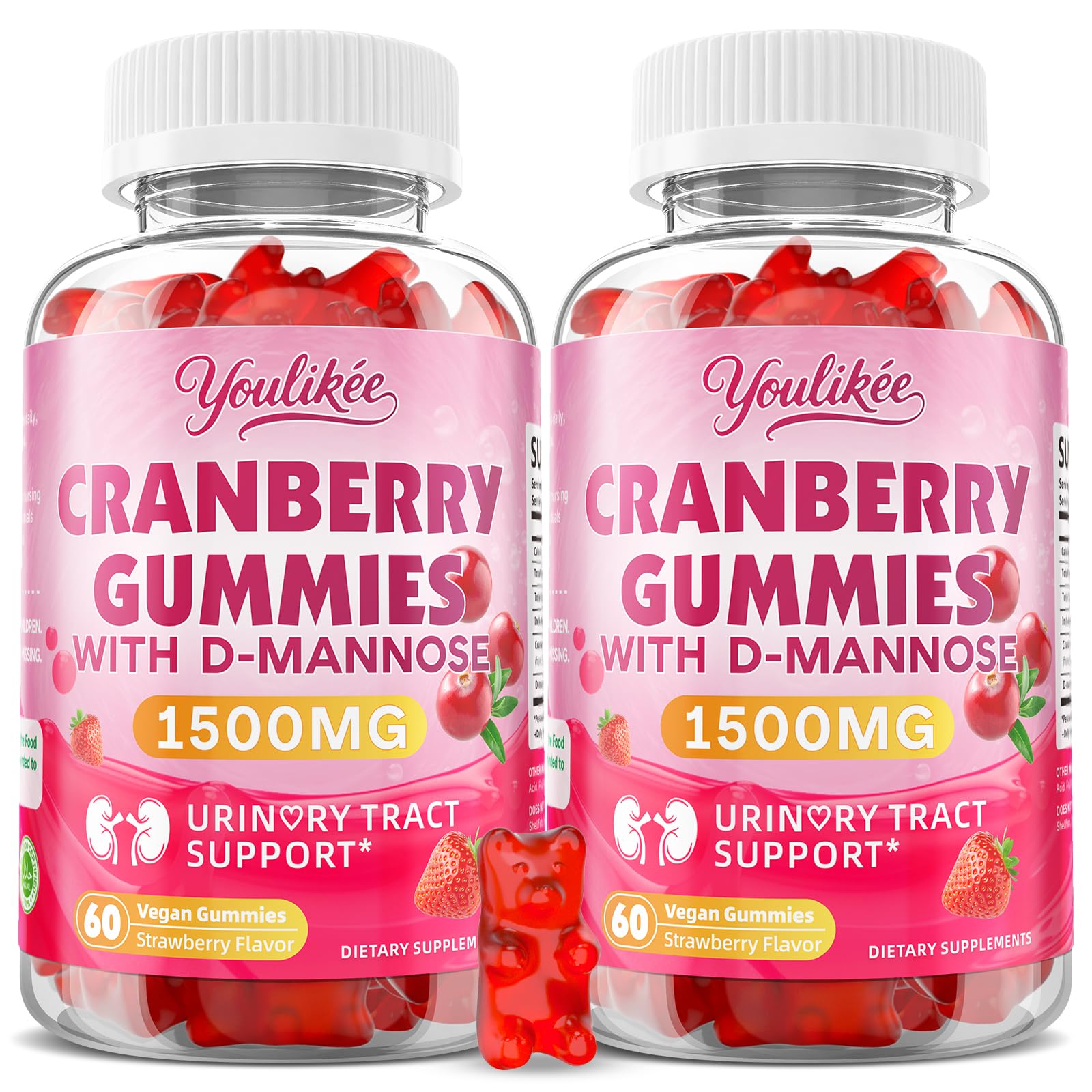 Youlikee Cranberry Gummies with D Mannose for Urinary Tract Health, Vegan, Sugar-Free, Non-GMO, Gluten-Free, Strawberry Flavor, 120 Count