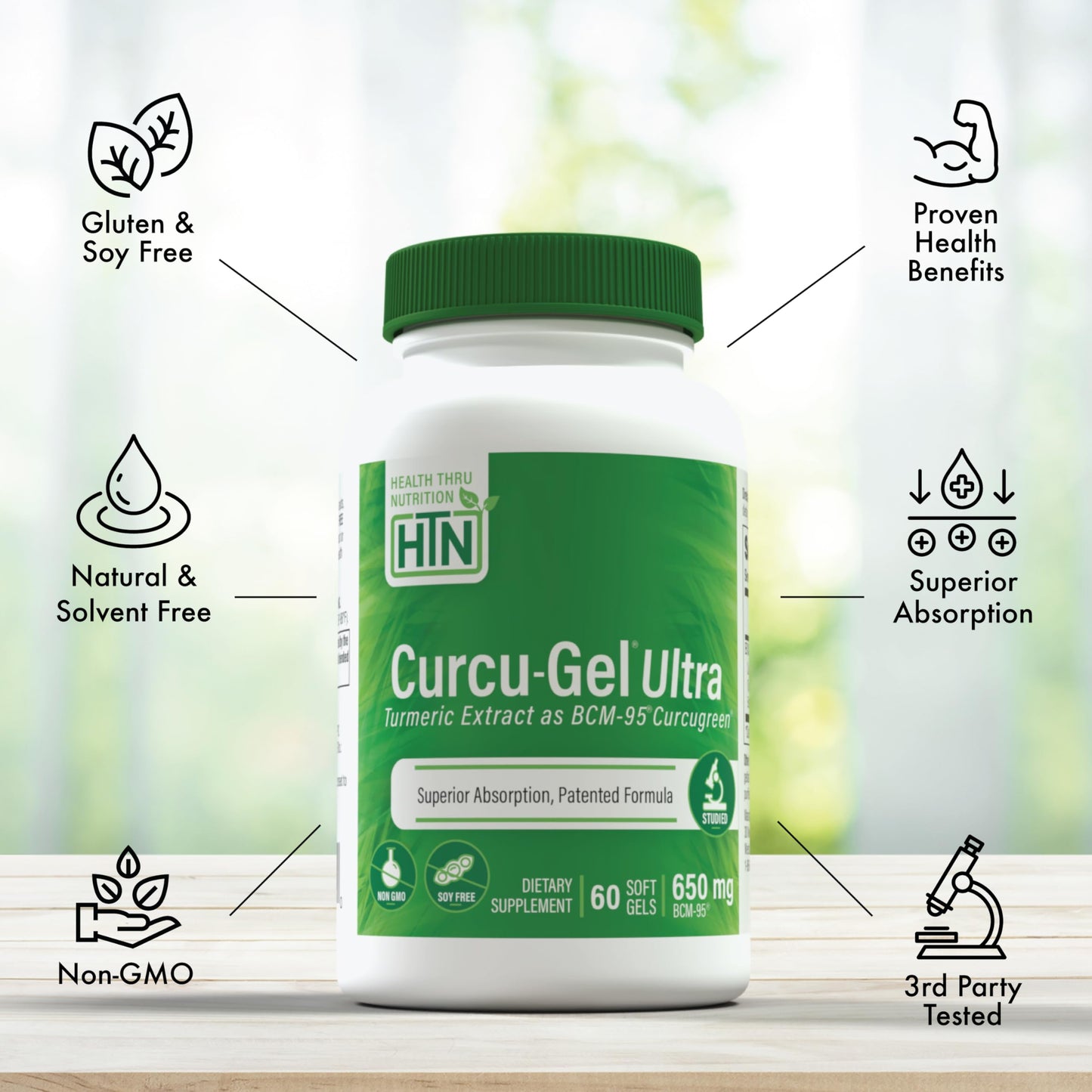 Health Thru Nutrition Curcu-Gel 650mg BCM-95® Curcugreen Turmeric Curcumin Capsule, 60 Count