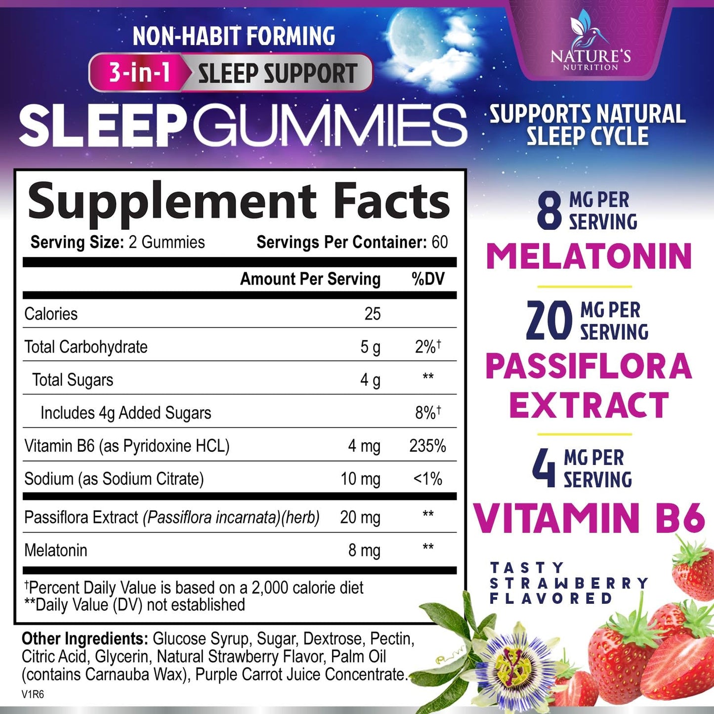 Nature's Nutrition Sleep Gummies 8mg Melatonin per Serving with Passiflora Extract for Restful Sleep, Fast Acting Melatonin Sleep Gummy Supplement for Adults, Vegan, Non-GMO, Strawberry Flavor, 120 Gummies