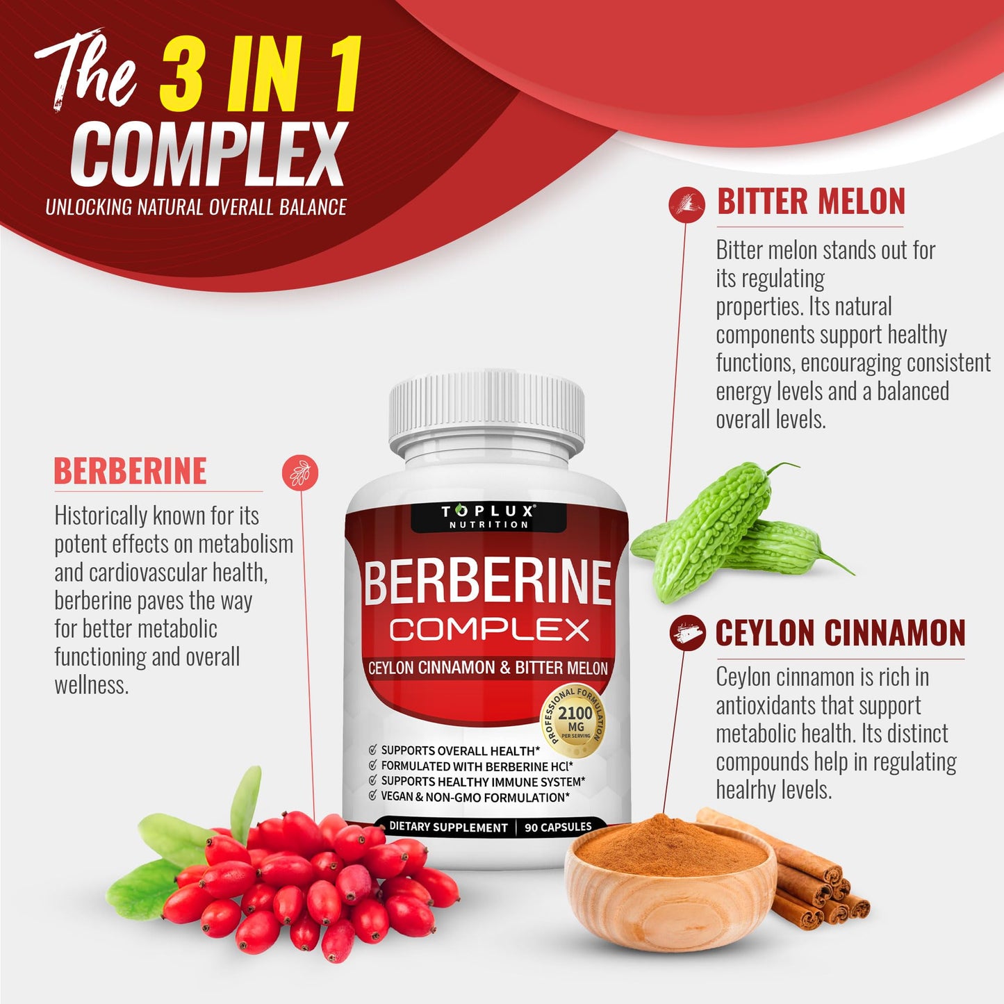 Toplux Berberine with Ceylon Cinnamon and Bitter Melon 2100mg - High Purity 97% HCL Berberine Supplement, 90 Capsules