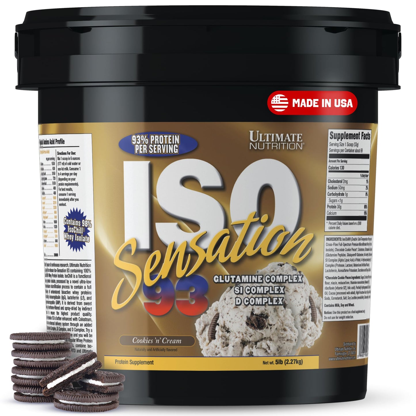 Ultimate Nutrition Whey Protein Isolate Powder with Glutamine Complex, ISO Sensation 93, Cookies N Cream, 80 Servings, 5 lb