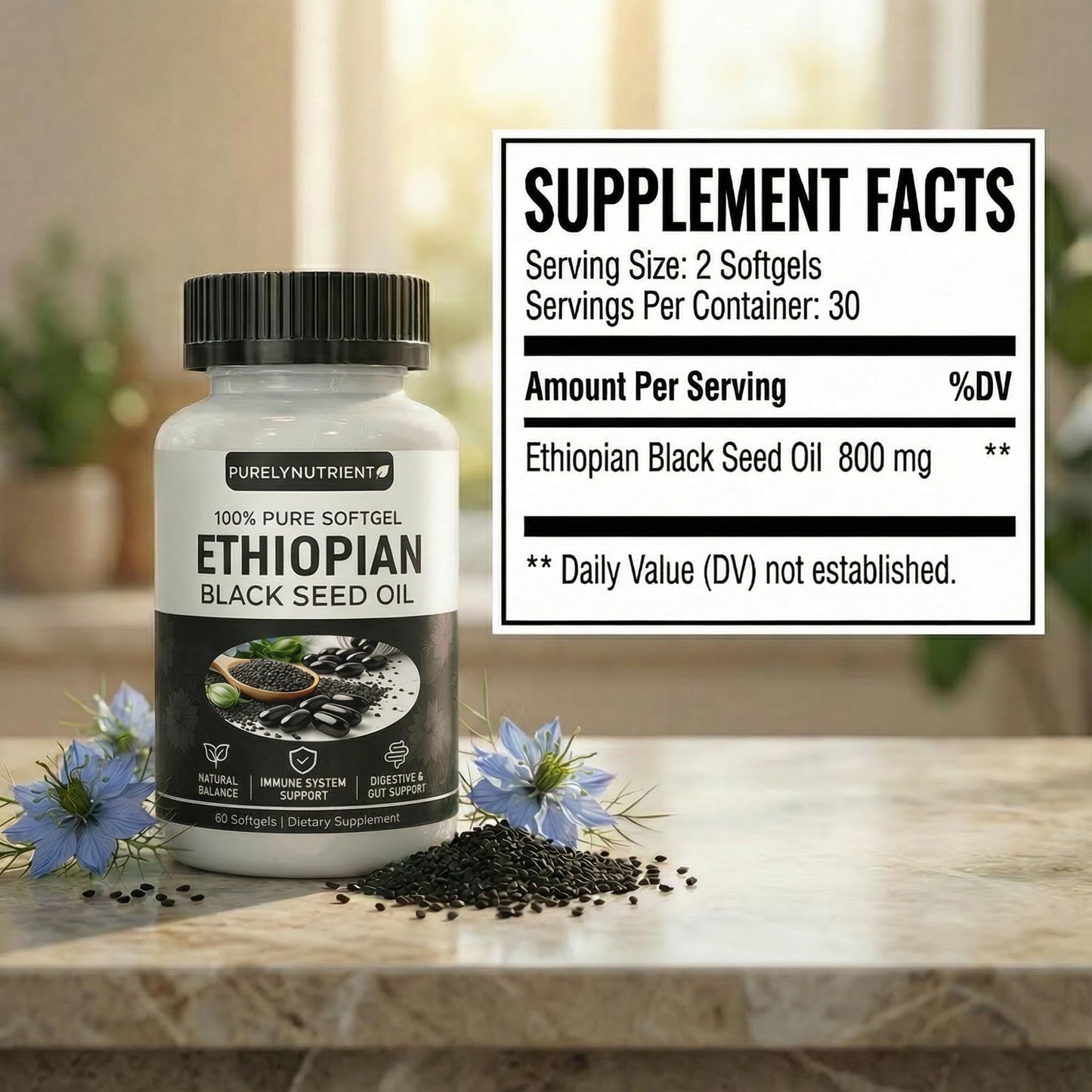 PURELYNUTRIENT Ethiopian Black Seed Oil Softgels, 60 Count