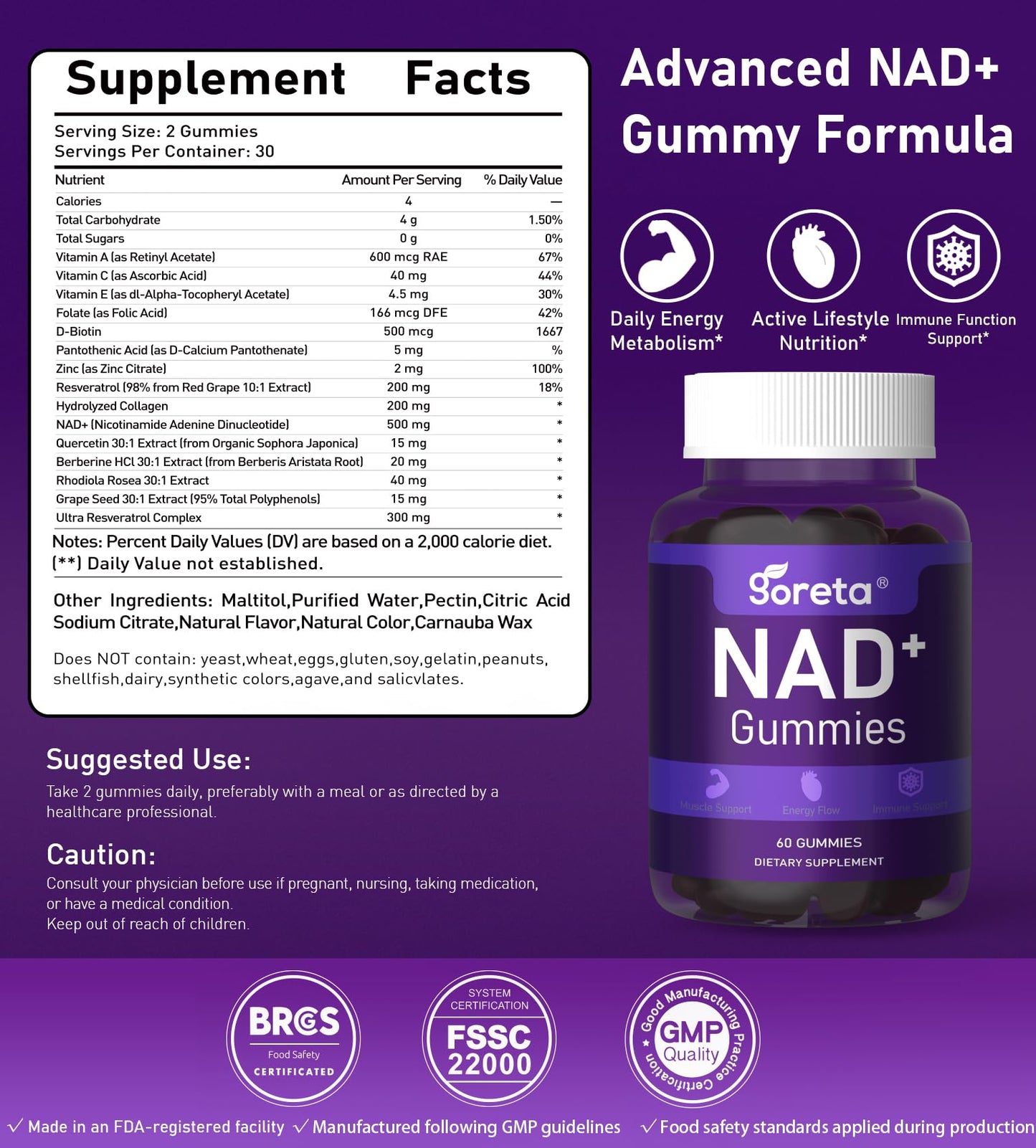 Goreta NAD+ Gummies with Resveratrol & Quercetin for Adults, Chewable Grape Flavor, 60 Gummies