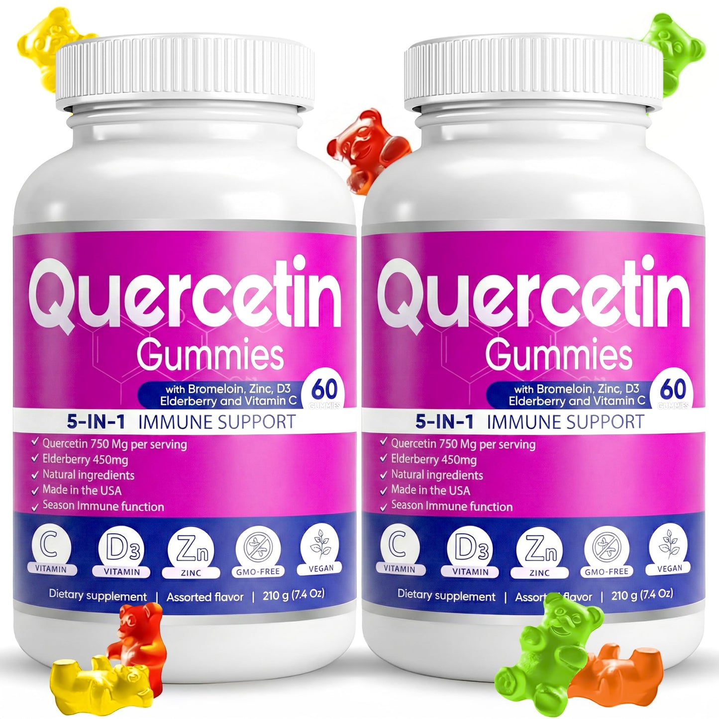 BIO VITALICA Quercetin Gummies with Bromelain, Vitamin C, Zinc, Elderberry & Vitamin D3-5 Immune Support, 120 Gummies