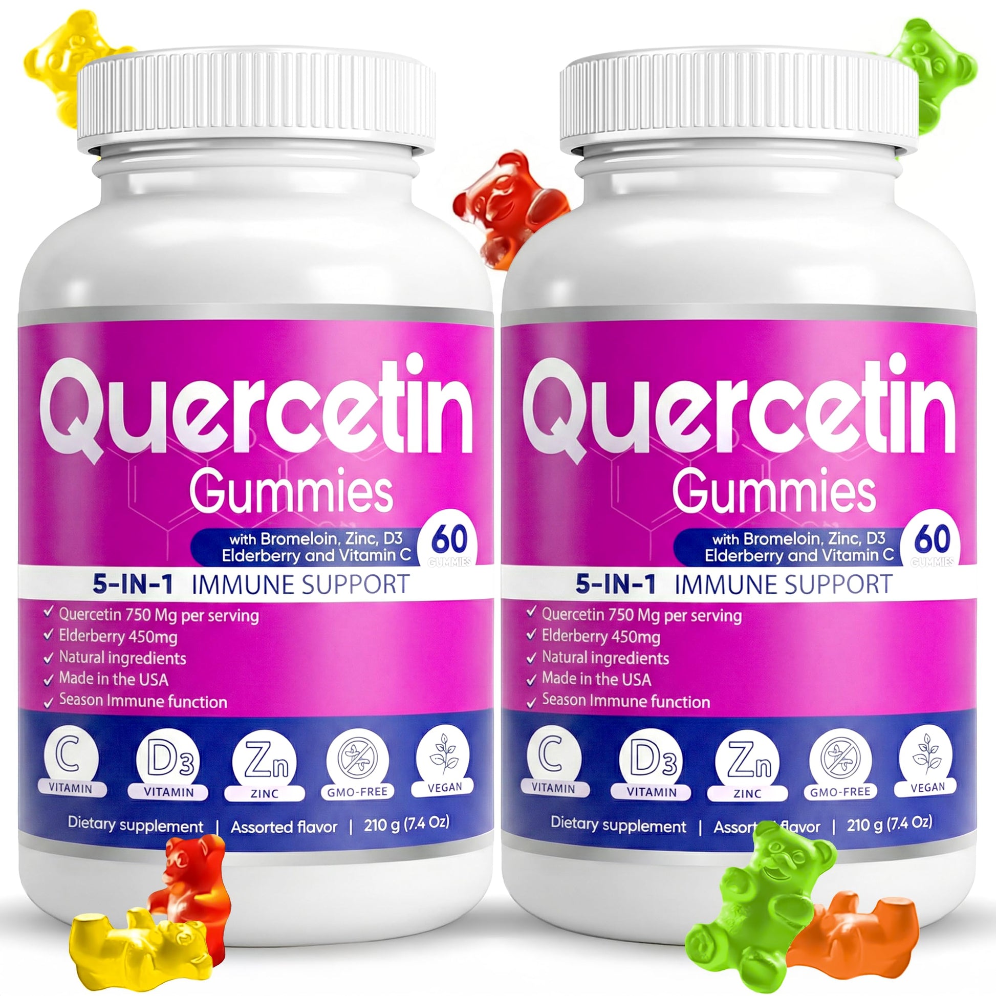 BIO VITALICA Quercetin Gummies with Bromelain, Vitamin C, Zinc, Elderberry & Vitamin D3-5 Immune Support, 120 Gummies