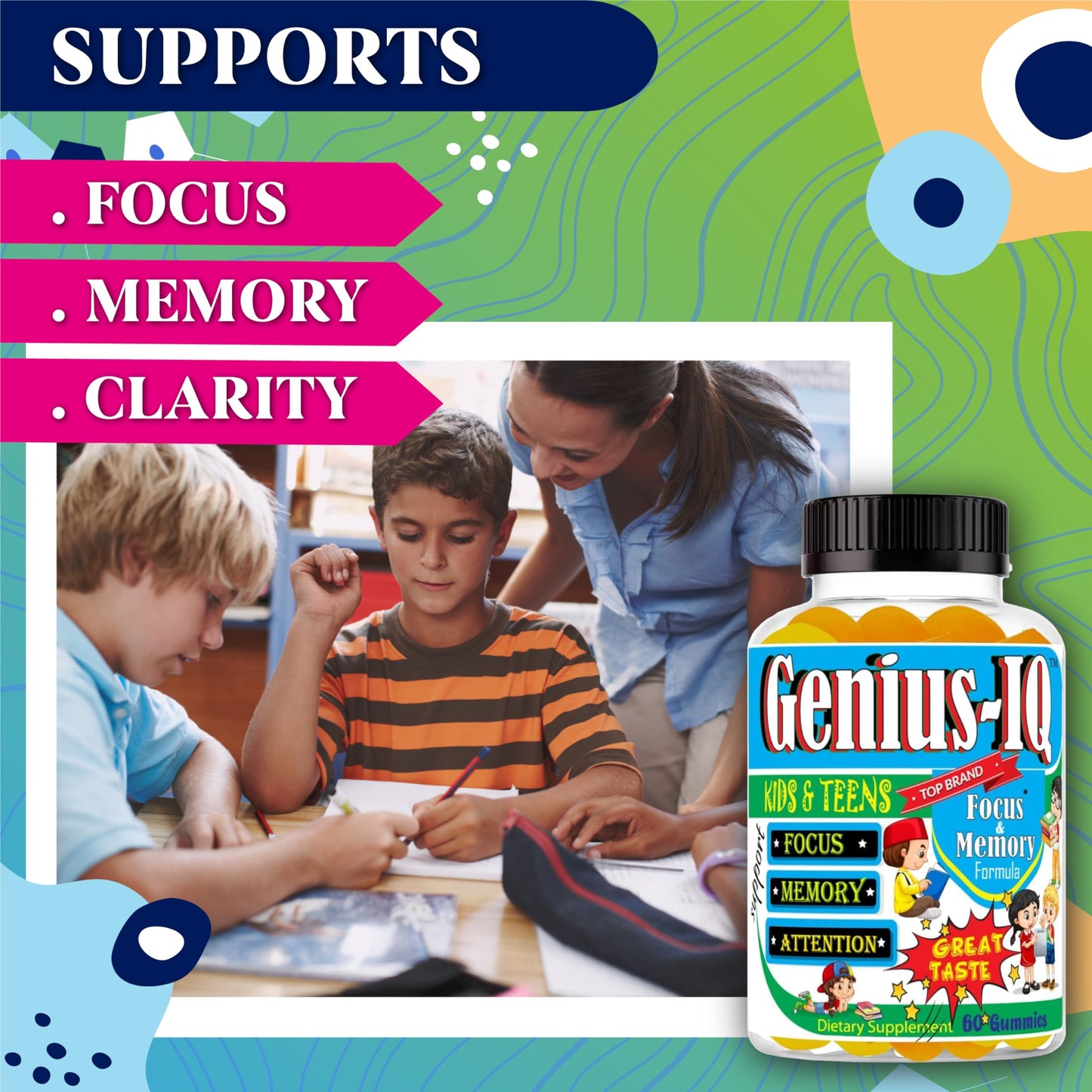 Celebrity LifeStyle Product Genius IQ Kids Brain Supplements for Memory and Focus Omega 3-6-9, EPA DHA Gummy Vitamins, 60 Gummies
