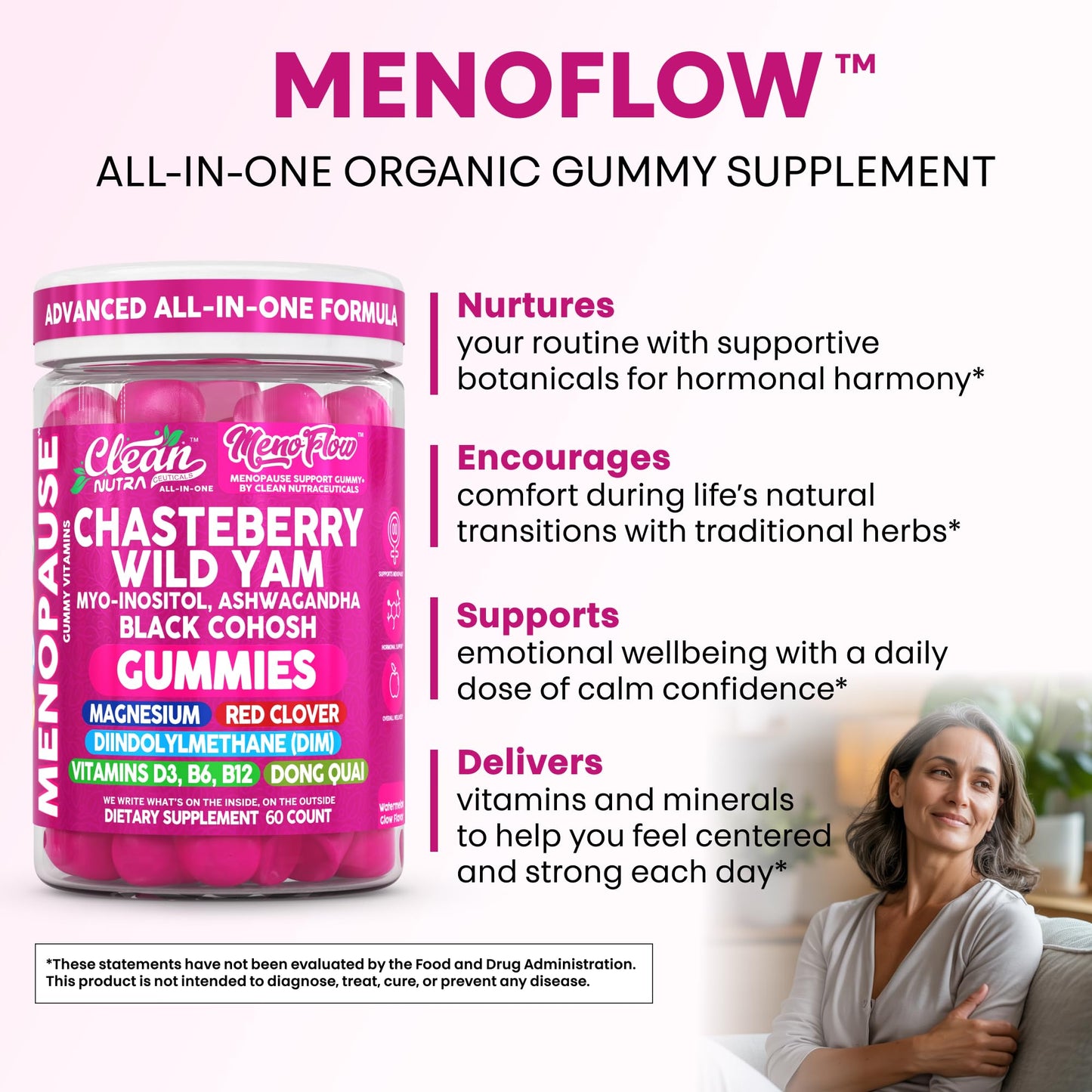 Clean Nutraceuticals Menopause Gummies with DIM, Vitex (Chasteberry), Wild Yam, Black Cohosh, Red Clover, Inositol, Magnesium Glycinate, B6, Glycine, 60 Count