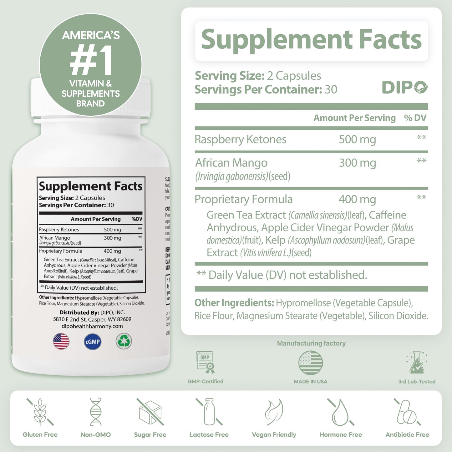 DIPO HEALTH HARMONY Raspberry Ketones Ultra 500mg with African Mango Seed, Green Tea Extract & Apple Cider Vinegar, 60 Capsules