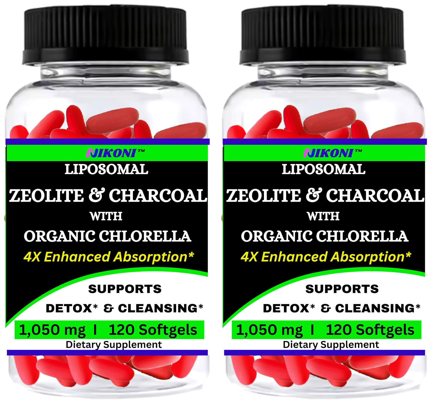 Nikoni Liposomal Zeolite, Activated Charcoal & Organic Chlorella Detox Softgels, 240 Count