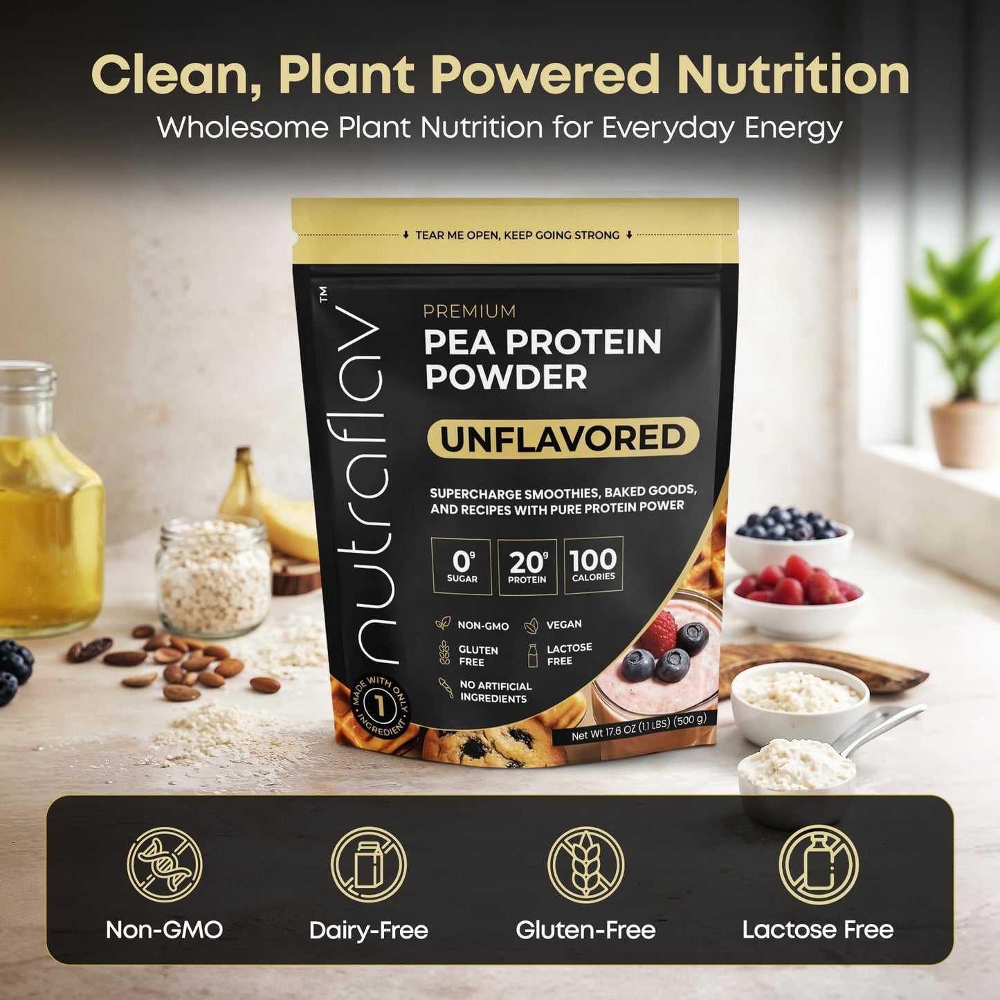 Nutraflav Unflavored Vegan Pea Protein Powder 17.6 oz