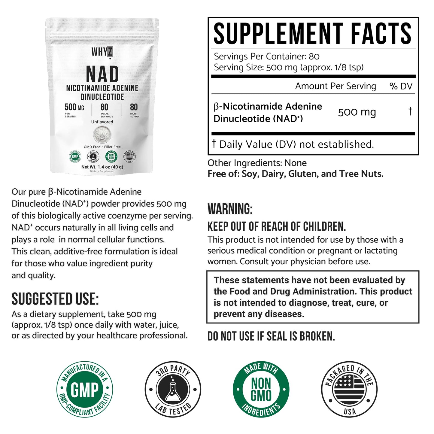 WHYZ NAD Powder Nicotinamide Adenine Dinucleotide Supplement, 1.4 oz
