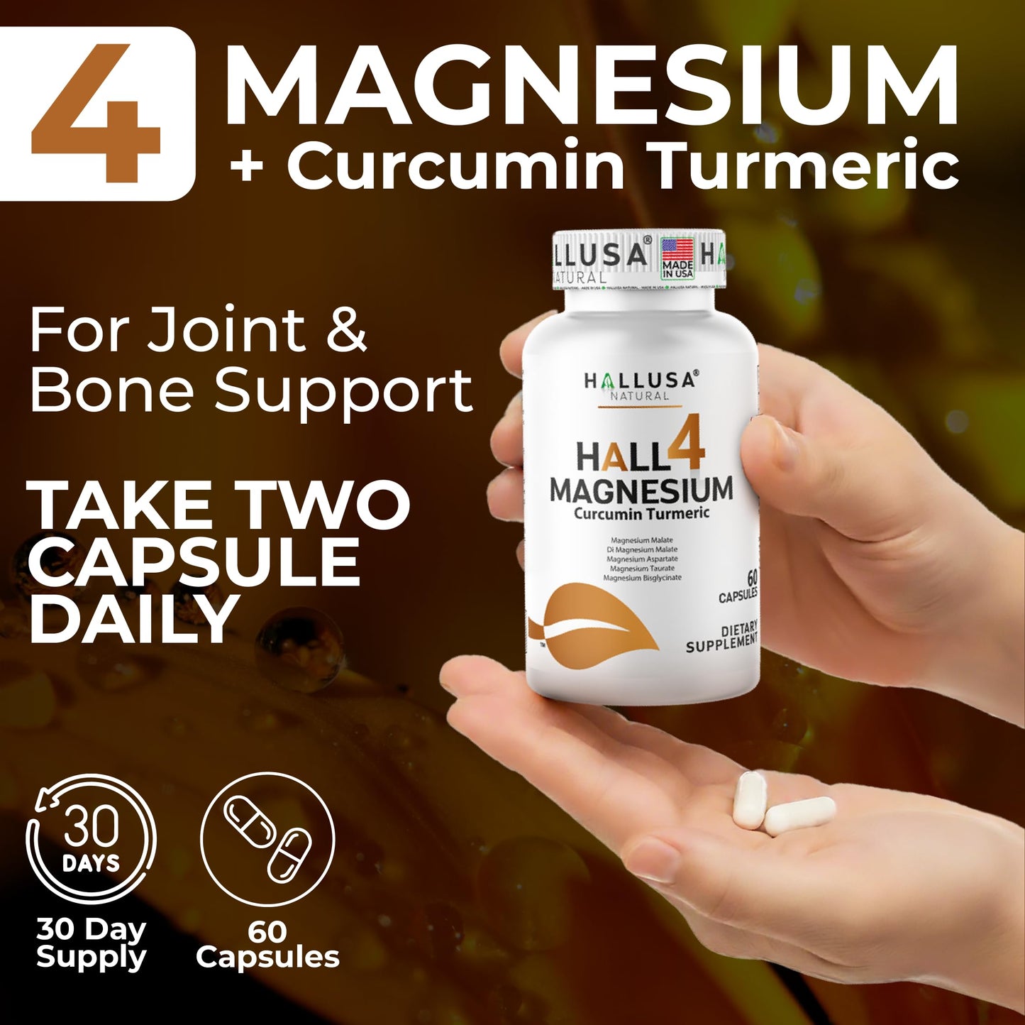 Hallusa Natural Hall4Magnesium 4 Magnesium Complex + Curcumin Turmeric, 60 Capsules