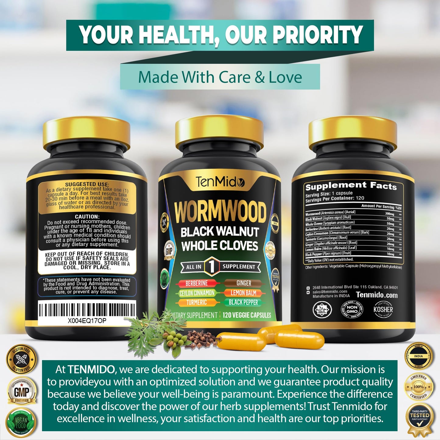 Tenmido Wormwood Black Walnut Clove Capsules 9-in-1 Wormwood Extract Formula, 120 Capsules