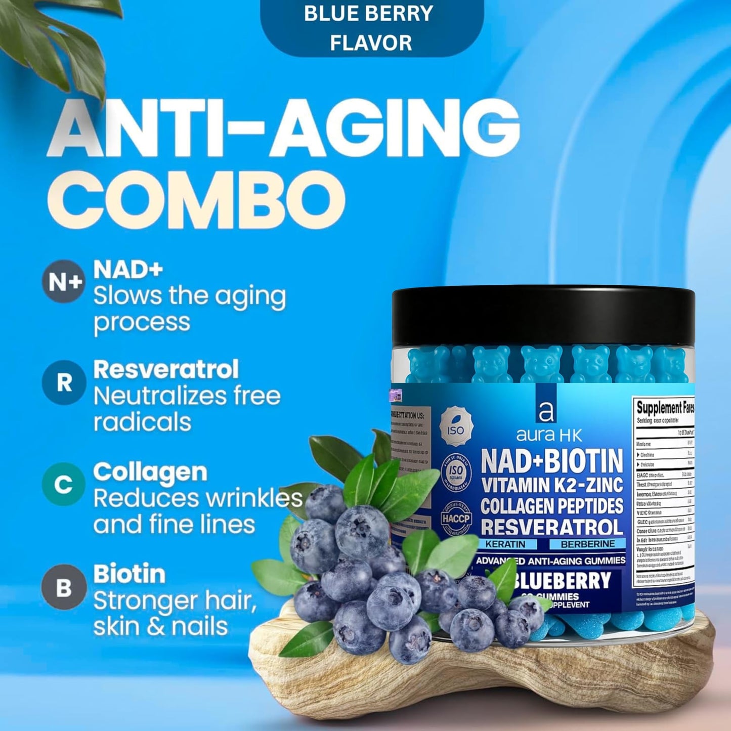 Aura HK NAD+Biotin, Resveratrol, Berberine & Anti-Aging Gummies, Hair, Skin, Nails & Joint Support, Collagen Peptides, Keratin, Zinc, Vitamin K2 & D3 Supplement, Regeneration (Blueberry), 60 Gummies