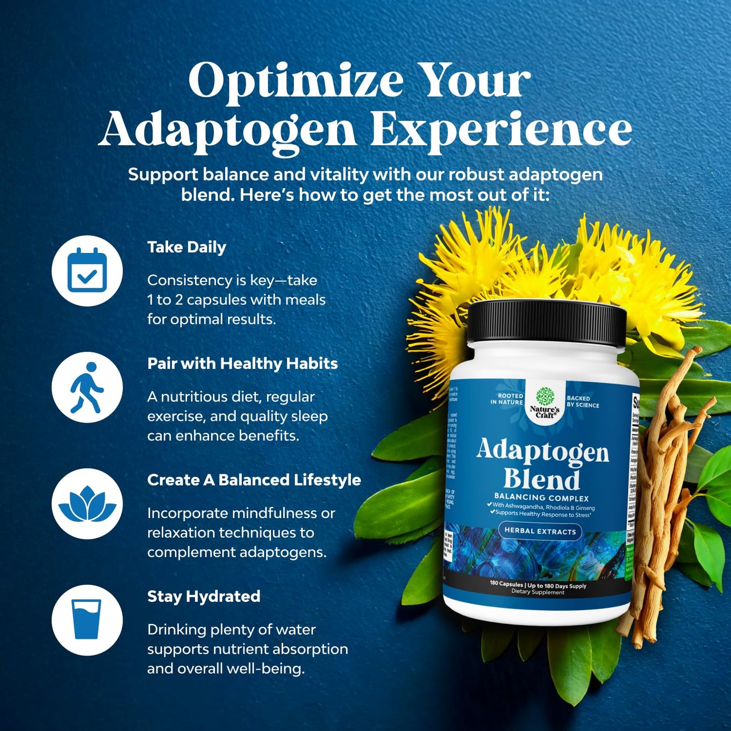 Natures Craft Herbal Adaptogen Mood Support Capsule - Ashwagandha, Rhodiola Rosea & Maca Root, Vegan Non-GMO, 180 Count