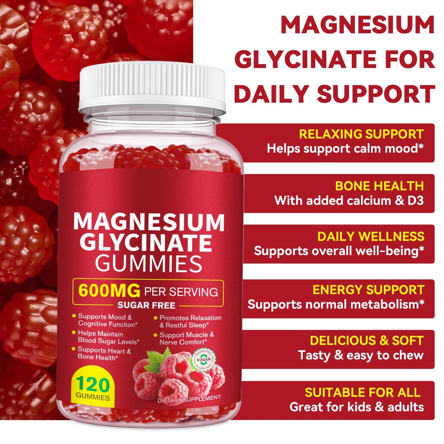 YEMFGQOE Magnesium Glycinate Gummies 600mg High Absorption Magnesium with L-Threonate, Sugar-Free & Non-GMO, 120 Count