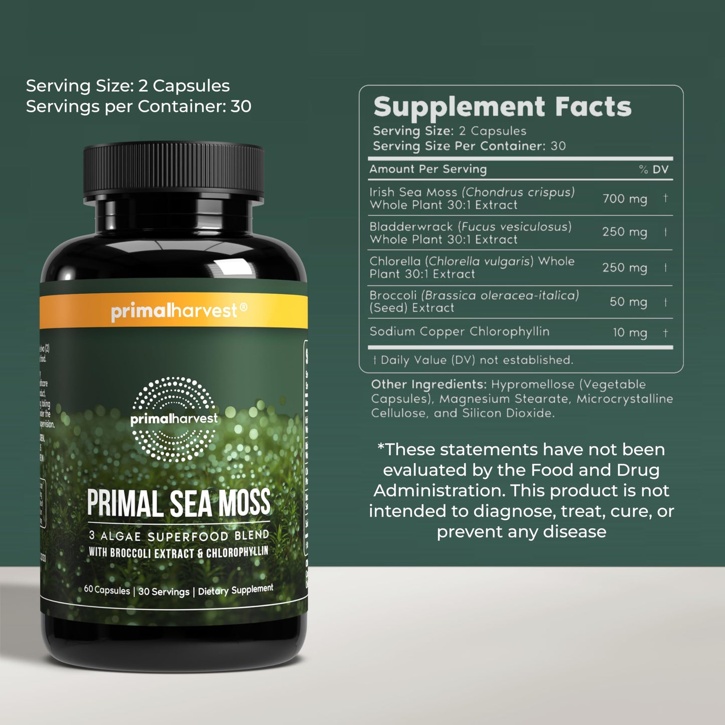 Primal Harvest Sea Moss Capsules with Bladderwack and Irish Sea Moss, Chlorella, Broccoli Seed Extract, 60 Capsules