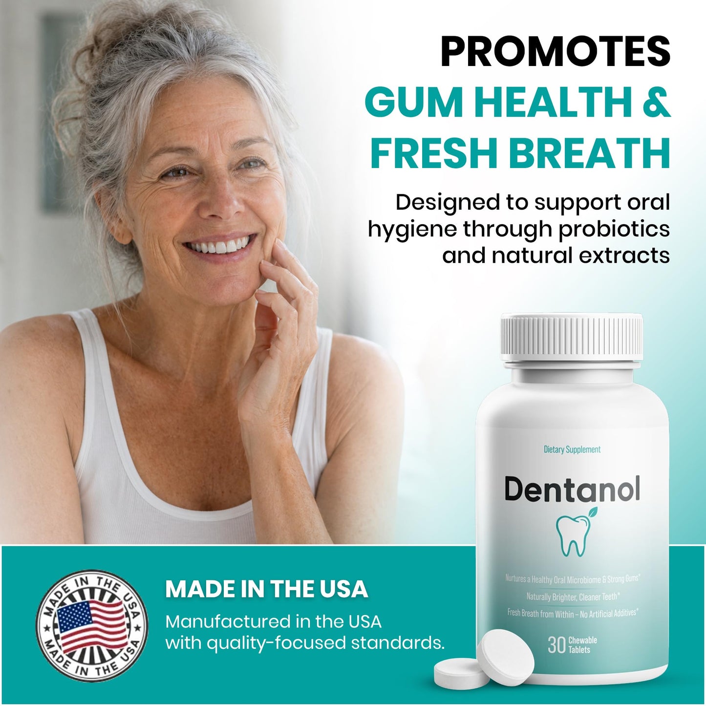 DENTANOL Oral Probiotic Pine Resin & 4 Strains Chewable Tablets, 90 Count