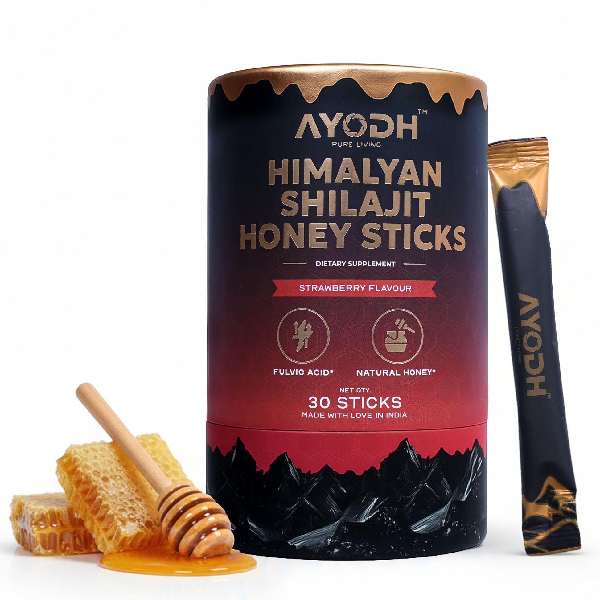 AYODH Pure Himalayan Shilajit Honey Sticks with Honey & Strawberry Softgel, 4 Softgels