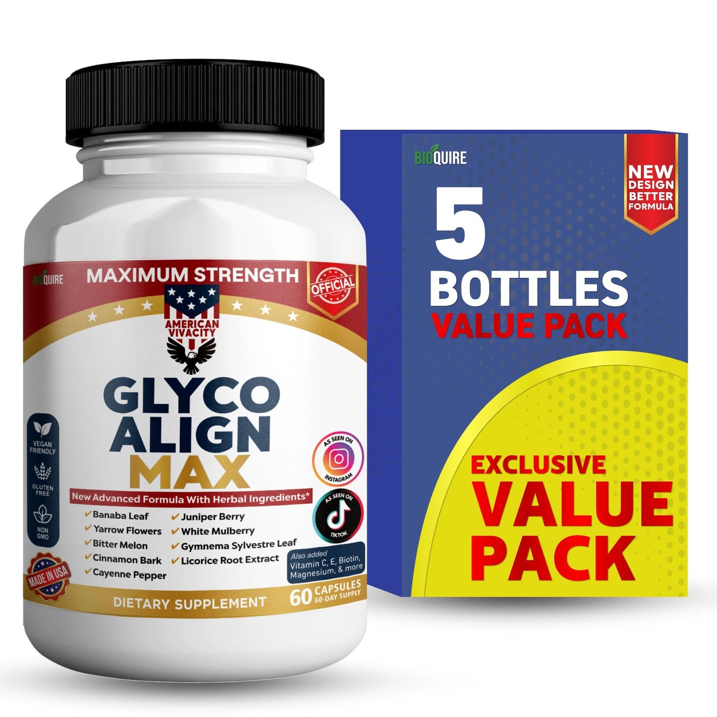 BIOQUIRE Glyco Align Max Maximum Strength Blood Sugar Support Supplement, Capsule, 60 Count