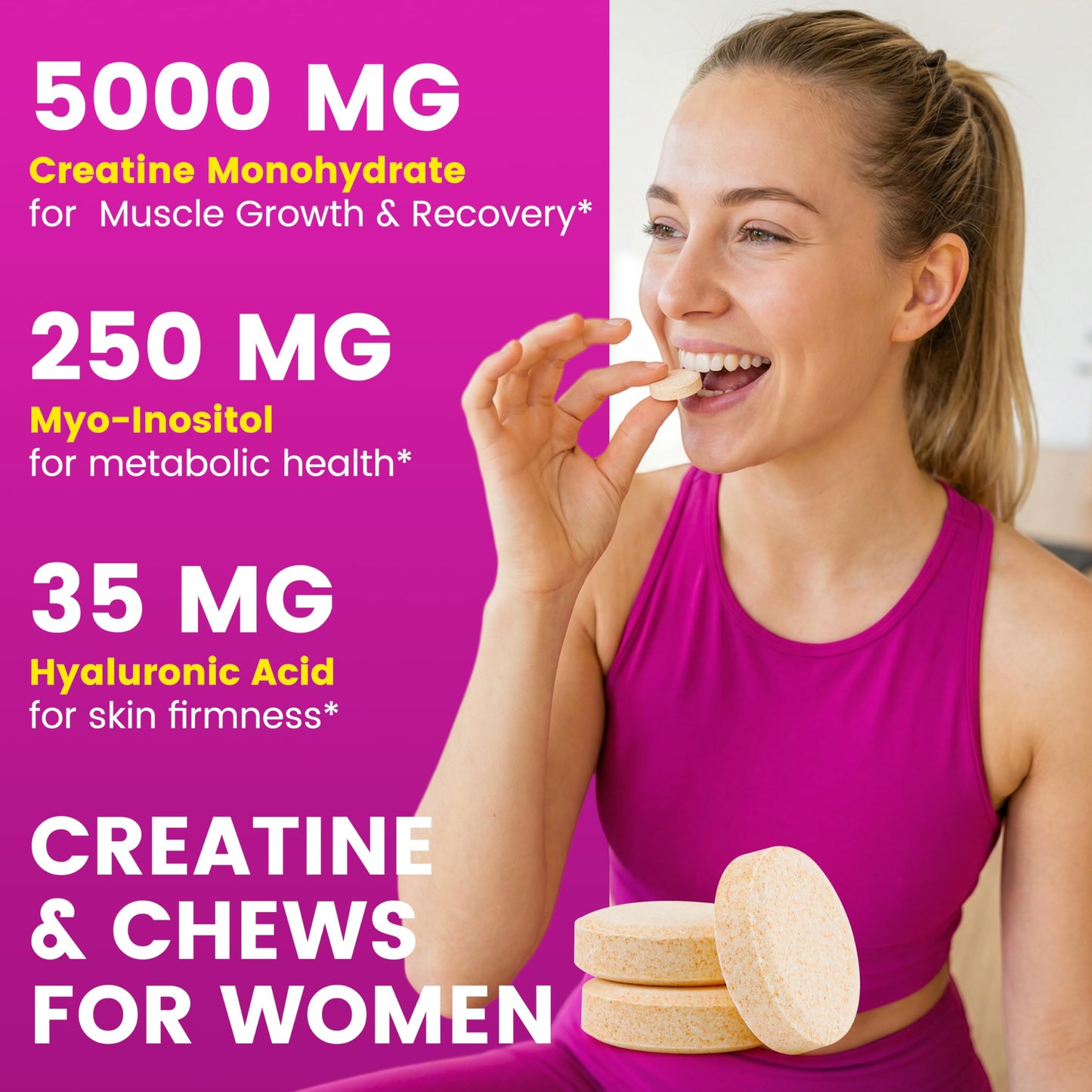 Vitarevive Creatine Monohydrate for Women Chewable Tablets – Micronized & Instantized Creatine Chews, Yuzu Flavor, Clean Creatine Supplement for Women, 120 Tablets