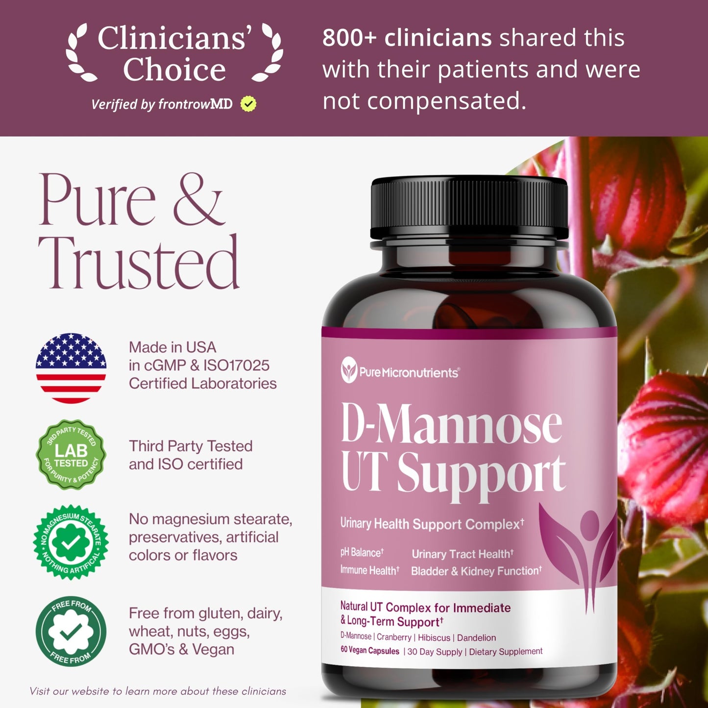 Pure Micronutrients D-Mannose Capsules 900mg Per Serve - Fast Acting UTI Support - Urinary Tract Cleanse & Bladder Health - Cranberry, D-Mannose, Dandelion, Hibiscus Flower, 60 Capsules