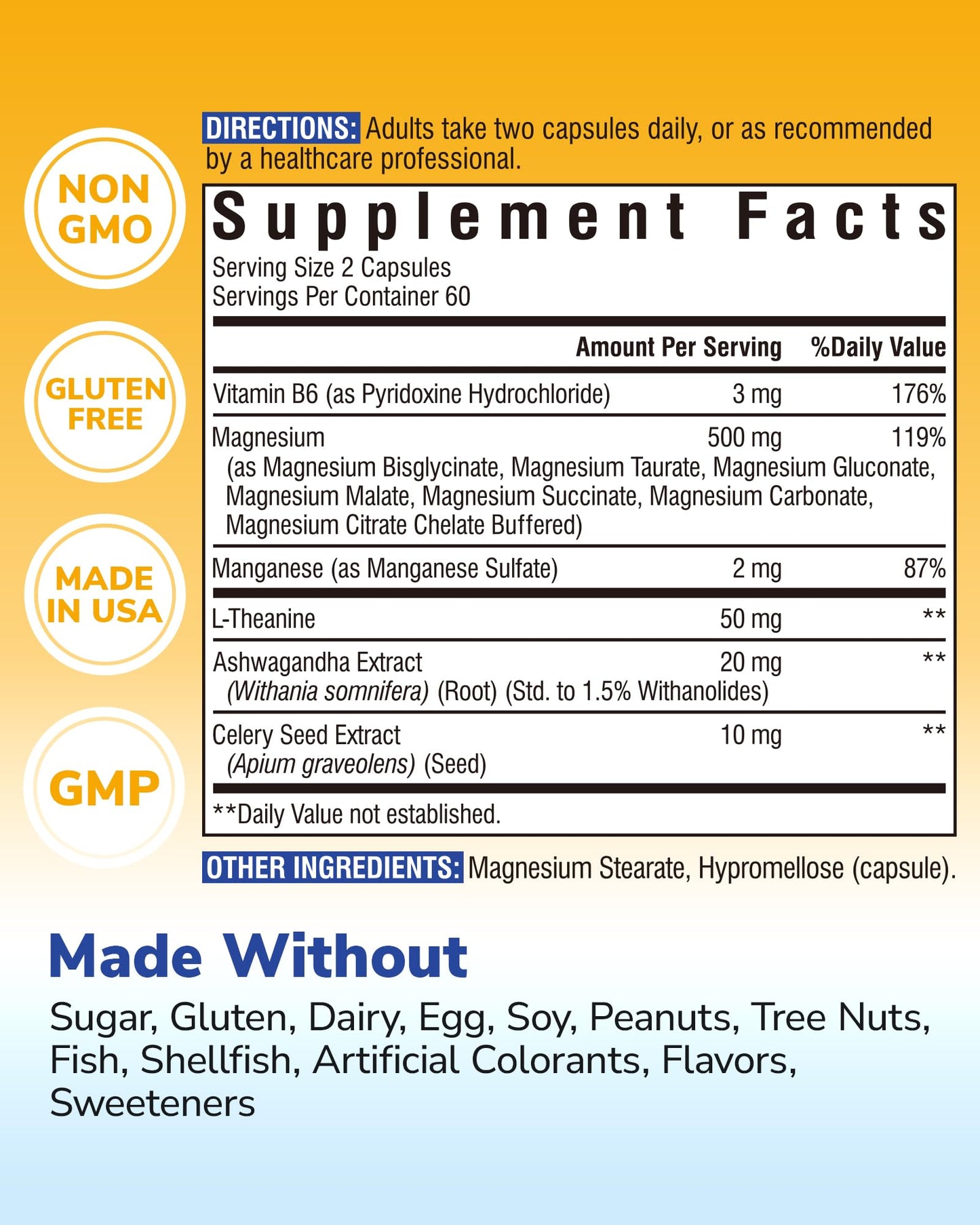 Vitalibre Magnesium Complex Supplement 500mg + Ashwagandha, L-Theanine, Vitamin B6 & Celery, High Absorption Magnesium Glycinate, Citrate, Malate, Sleep & Bone Support, 120 Capsules