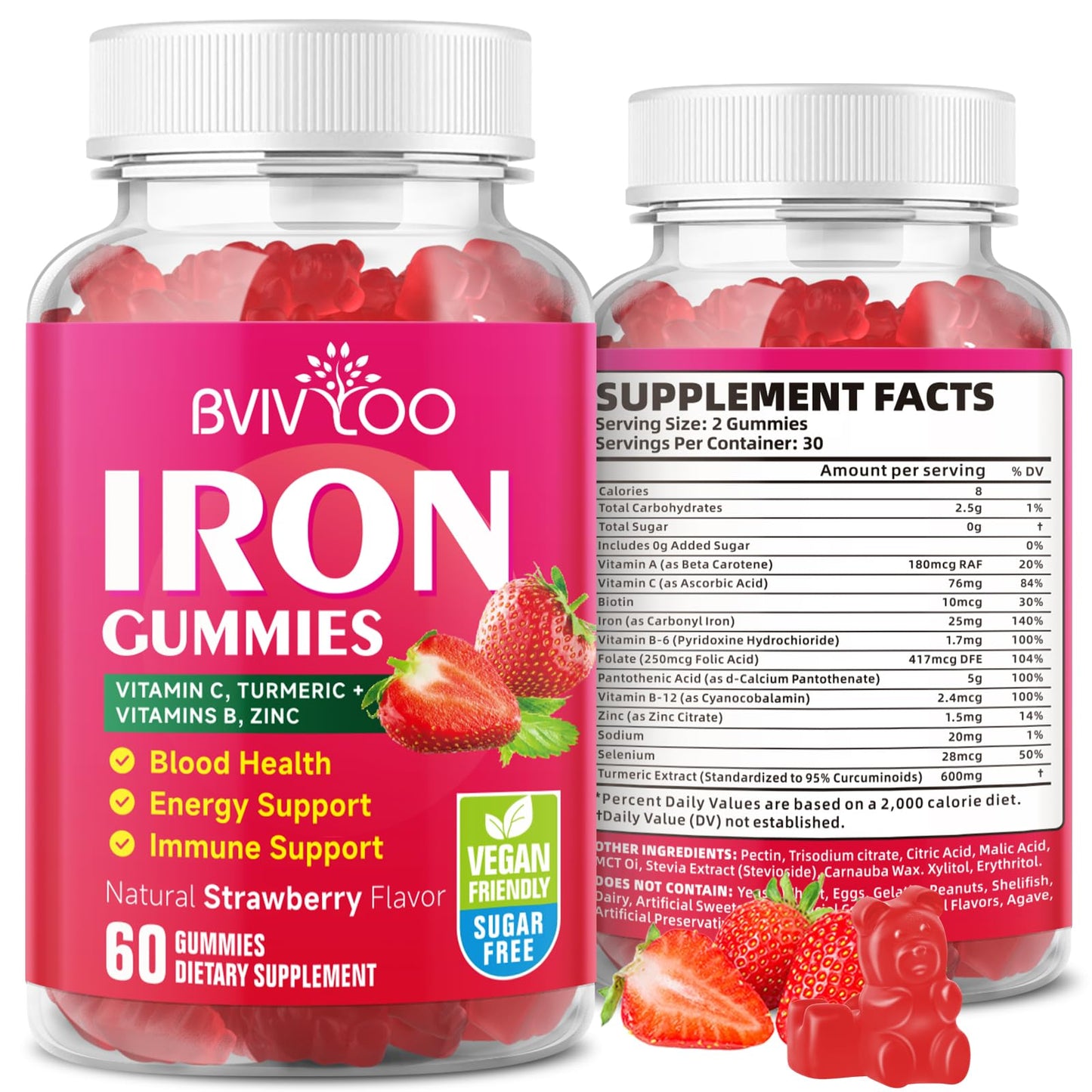 BVIVLOO Vegan Iron Gummies for Adults & Kids with Vitamin C, A, B-Complex, Folate, Zinc, and Biotin, Blood Building & Energy Support, 60 Gummies