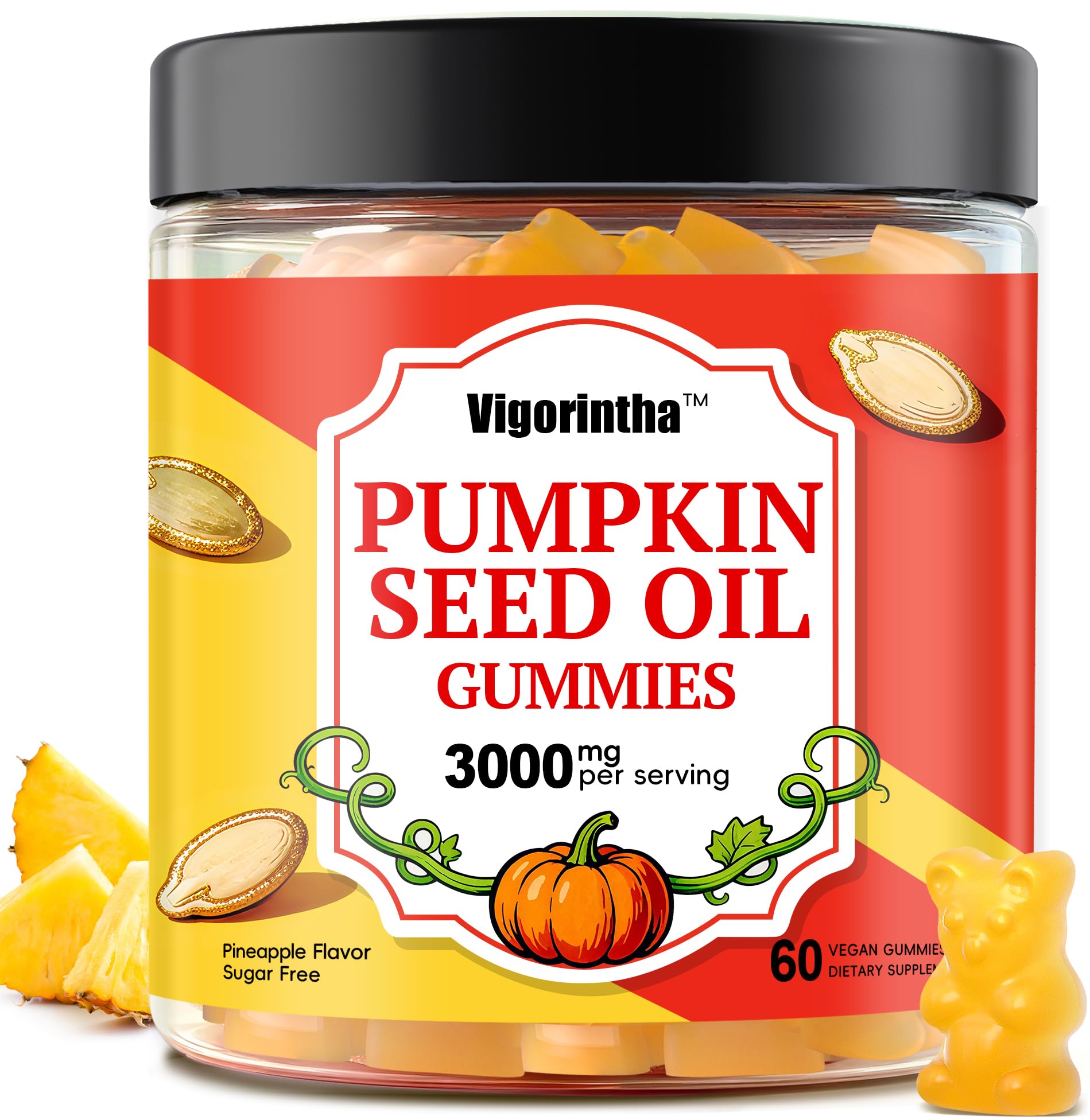Vigorintha Sugar Free Pumpkin Seed Oil Gummies 3000mg with Saw Palmetto, 60 Count