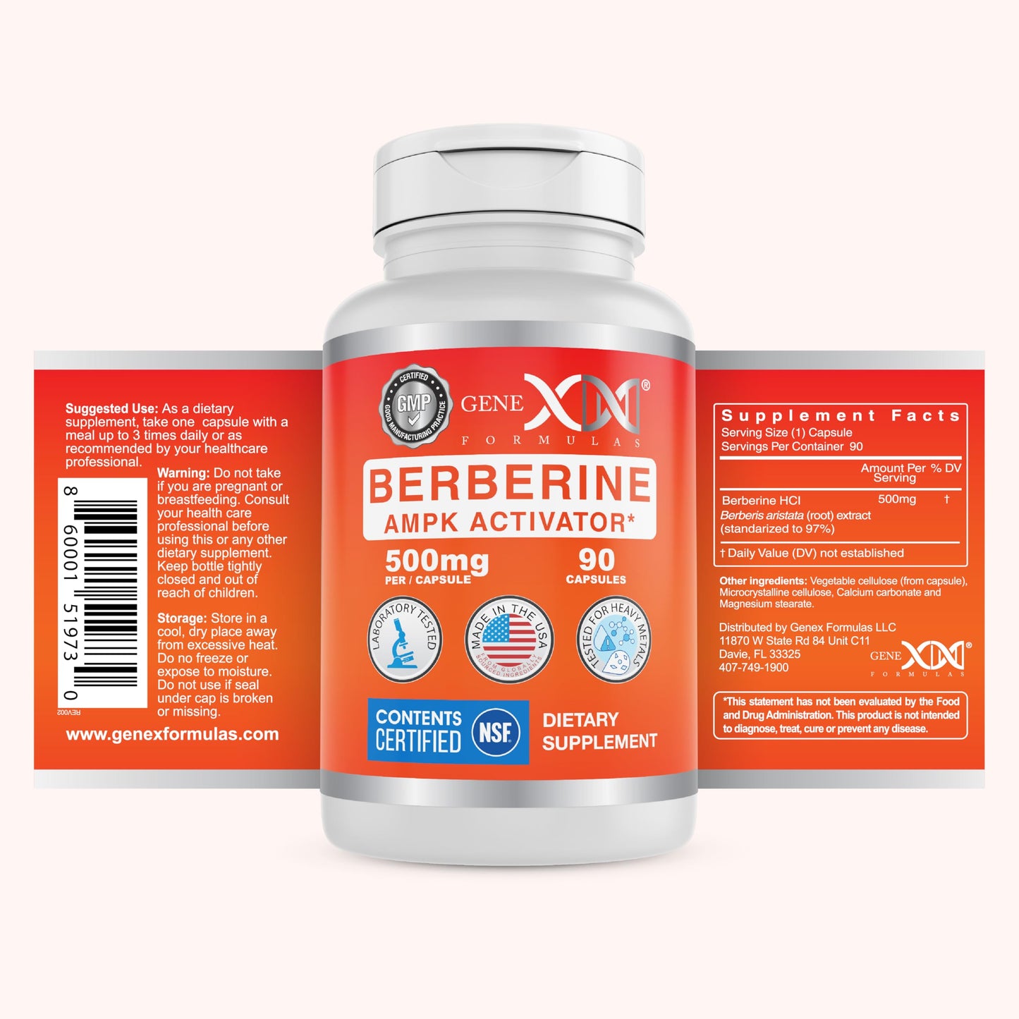 Genex Formulas Berberine HCl 500mg NSF Certified Supplement Capsule, 90 Count