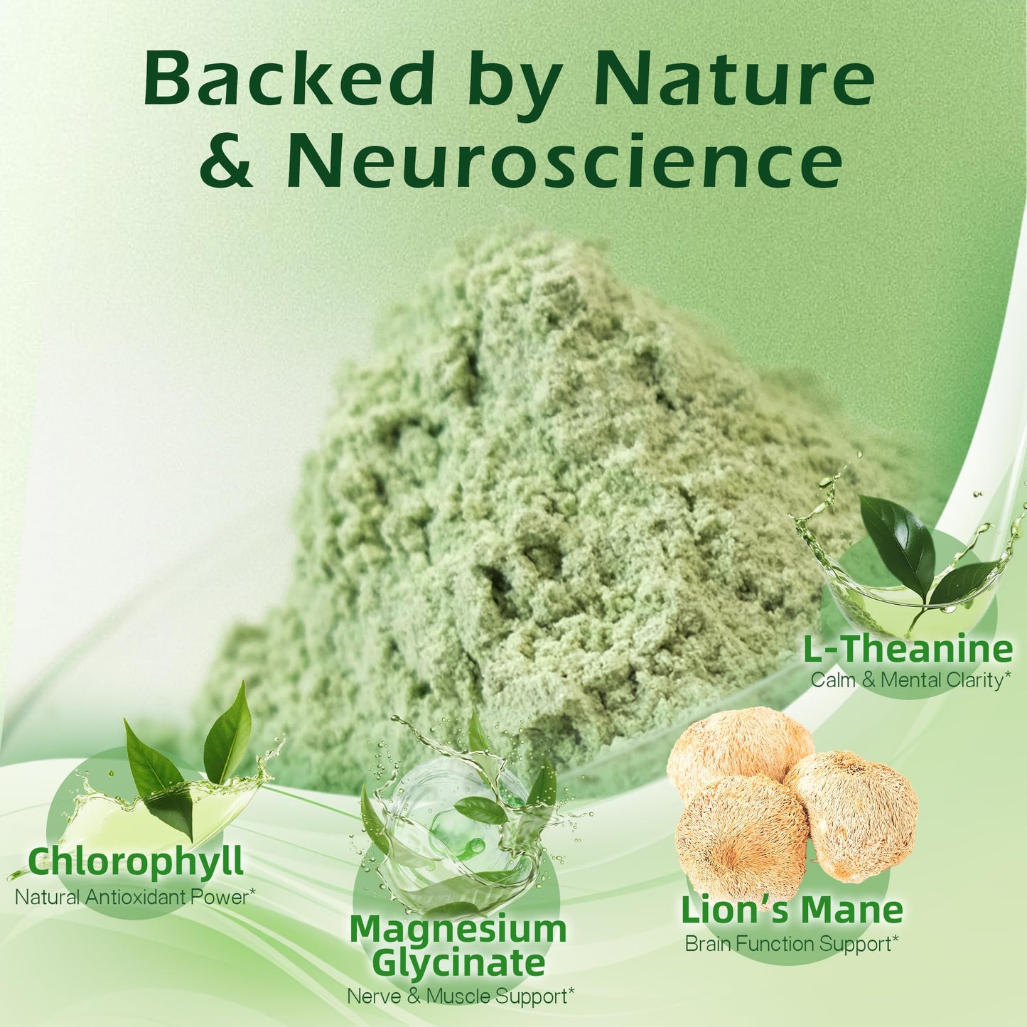 QIN SHAN TANG Magnesium Glycinate & Chlorophyll Powder with L-Theanine, Lion's Mane, 6.35 oz