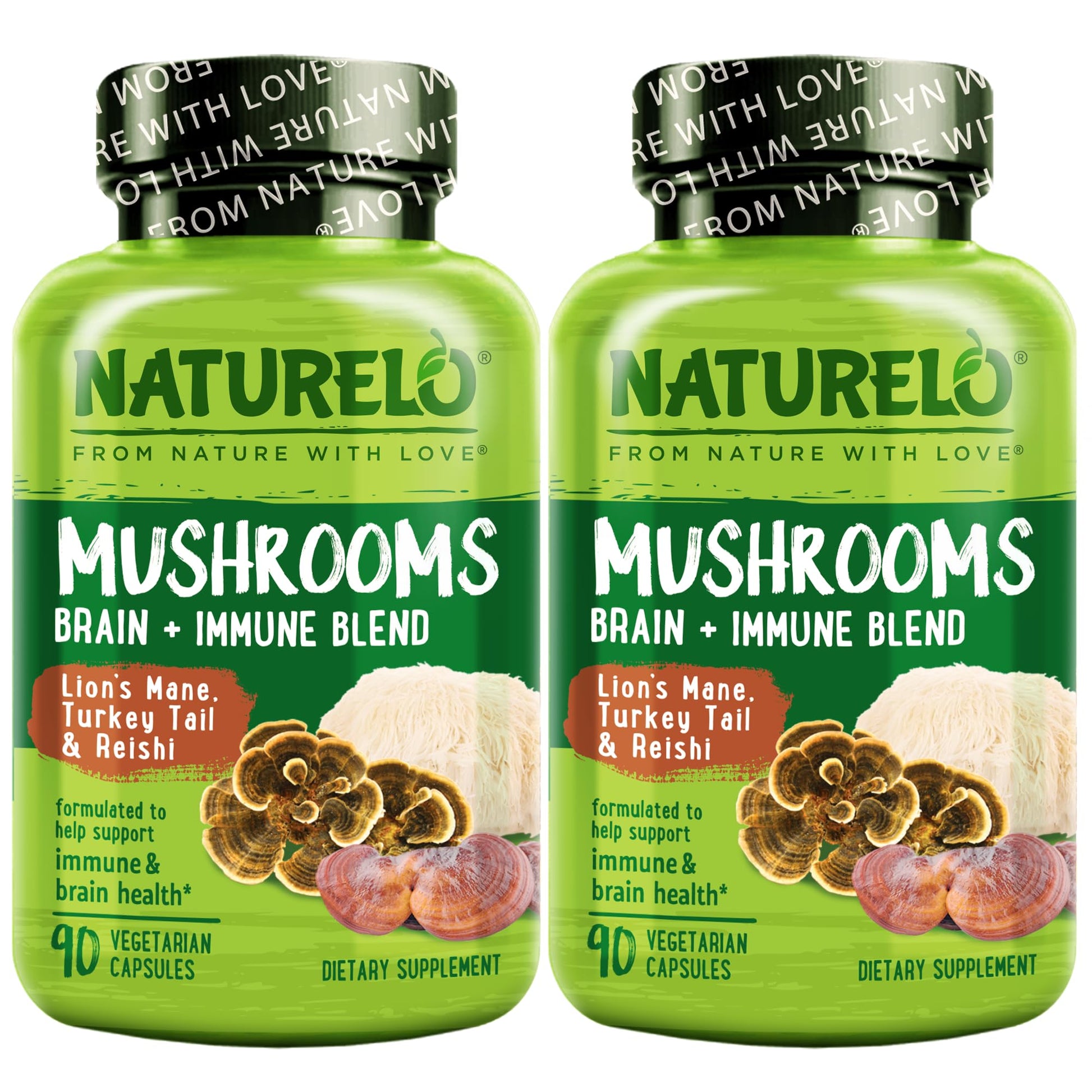 NATURELO Mushroom Supplement – Brain & Immune Health Blend with Lion’s Mane, Reishi, Turkey Tail, 180 Capsules