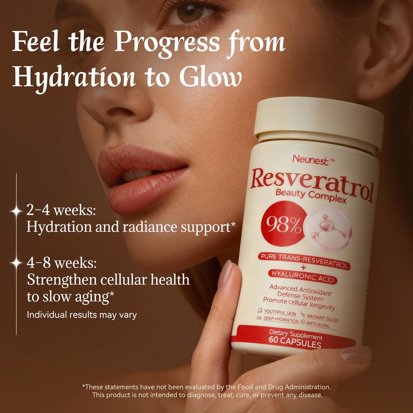 NEUNEST Resveratrol Supplement 98% High Purity Trans-Resveratrol Complex with Collagen Peptides & Hyaluronic Acid, Quercetin, Antioxidant Support for Skin & Beauty, Immune Health, Gluten-Free, 60 Capsules
