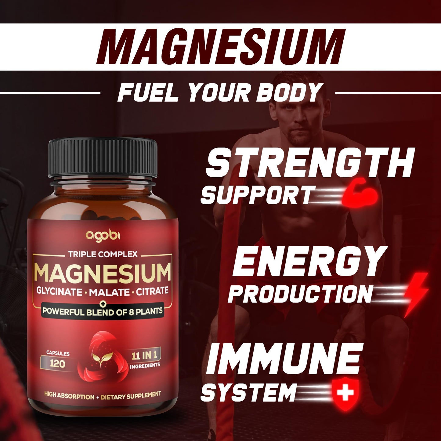 agobi Magnesium Triple Complex 600mg Magnesium Glycinate, Malate & Citrate - Added Spinach, Swiss Chard & Others - Support Calm, Restful Mood & Muscle Cramp 120 Capsules
