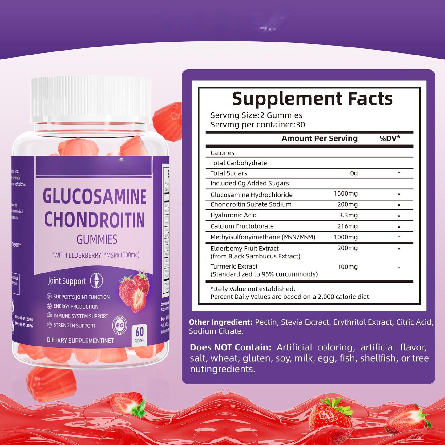 Dianww Glucosamin Gummies for Women and Men, Immune Support, Energy Support, Vegan, Gluten-Free, Strawberry Flavor, 60 Gummies